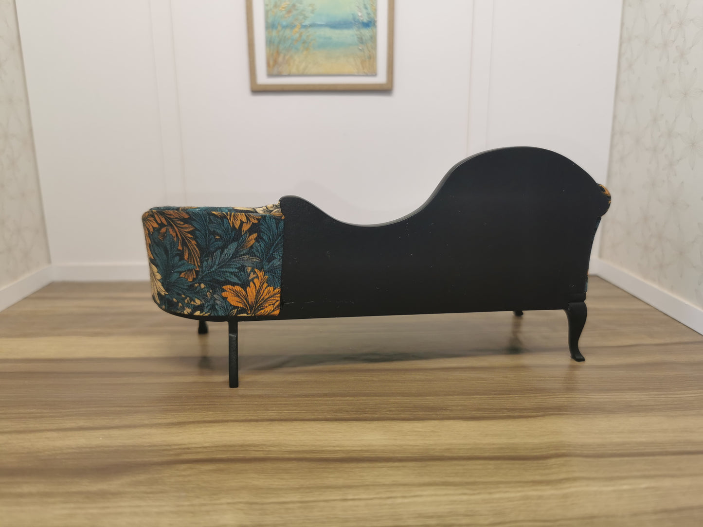 Black Chaise Longue with Floral Print | 1:12th Scale | Hand Finished