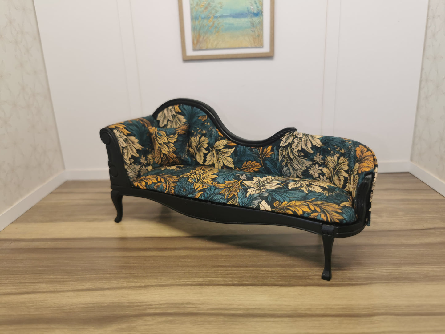 Black Chaise Longue with Floral Print | 1:12th Scale | Hand Finished