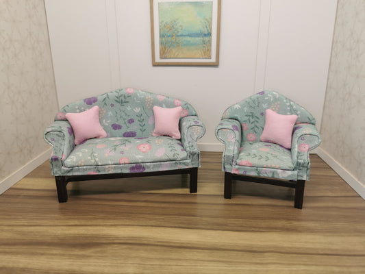 Sofa & Chair in Mint Floral Print | 1:12th Scale | Hand Finished