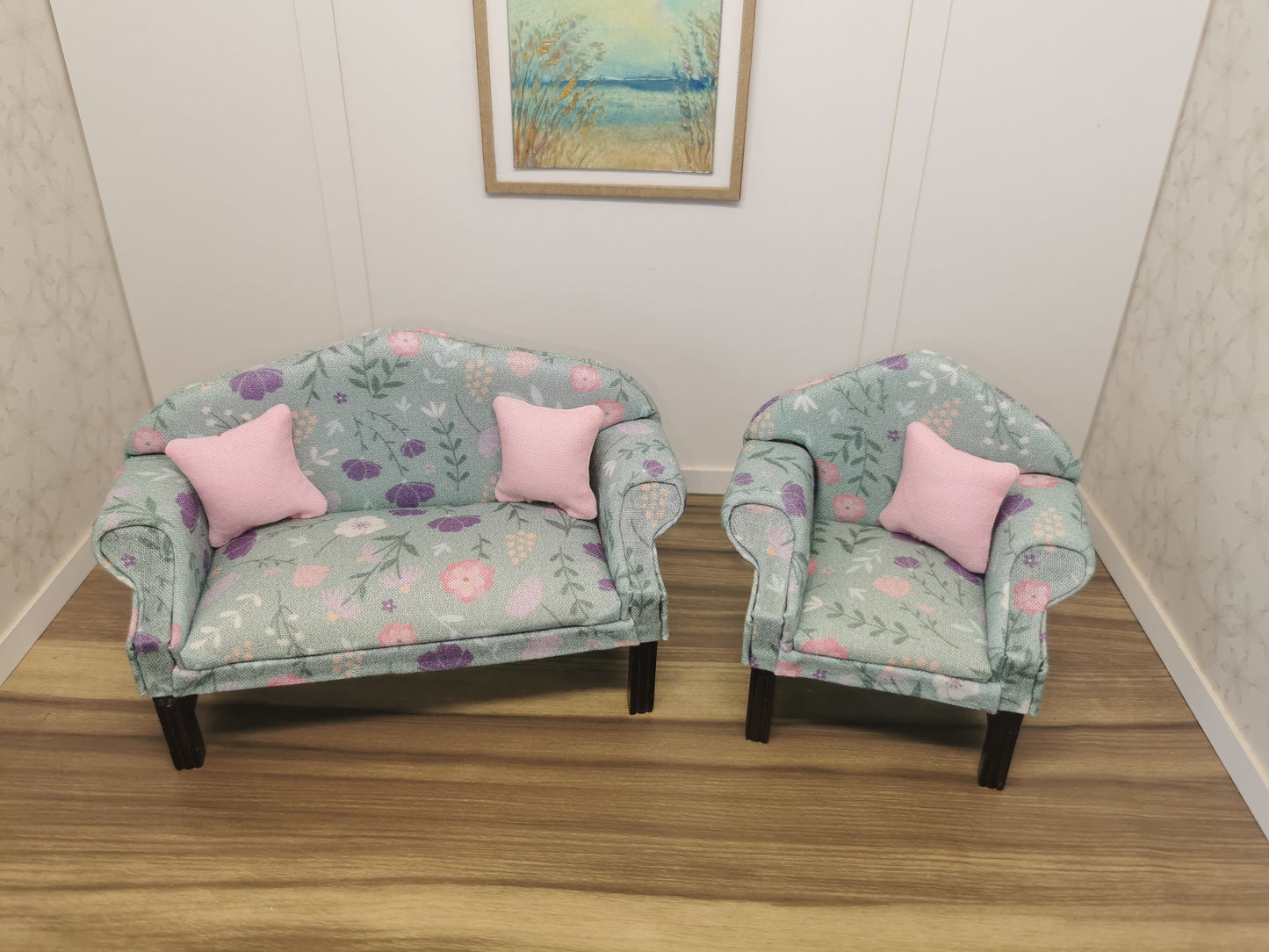 Sofa & Chair in Mint Floral Print | 1:12th Scale | Hand Finished