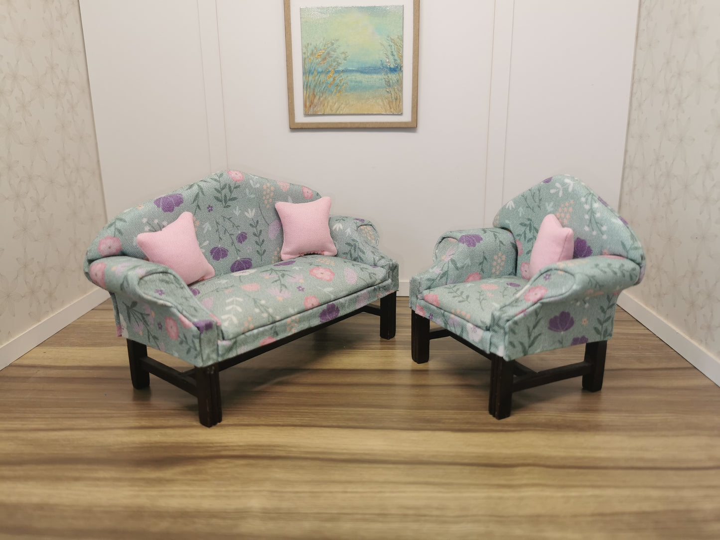 Sofa & Chair in Mint Floral Print | 1:12th Scale | Hand Finished