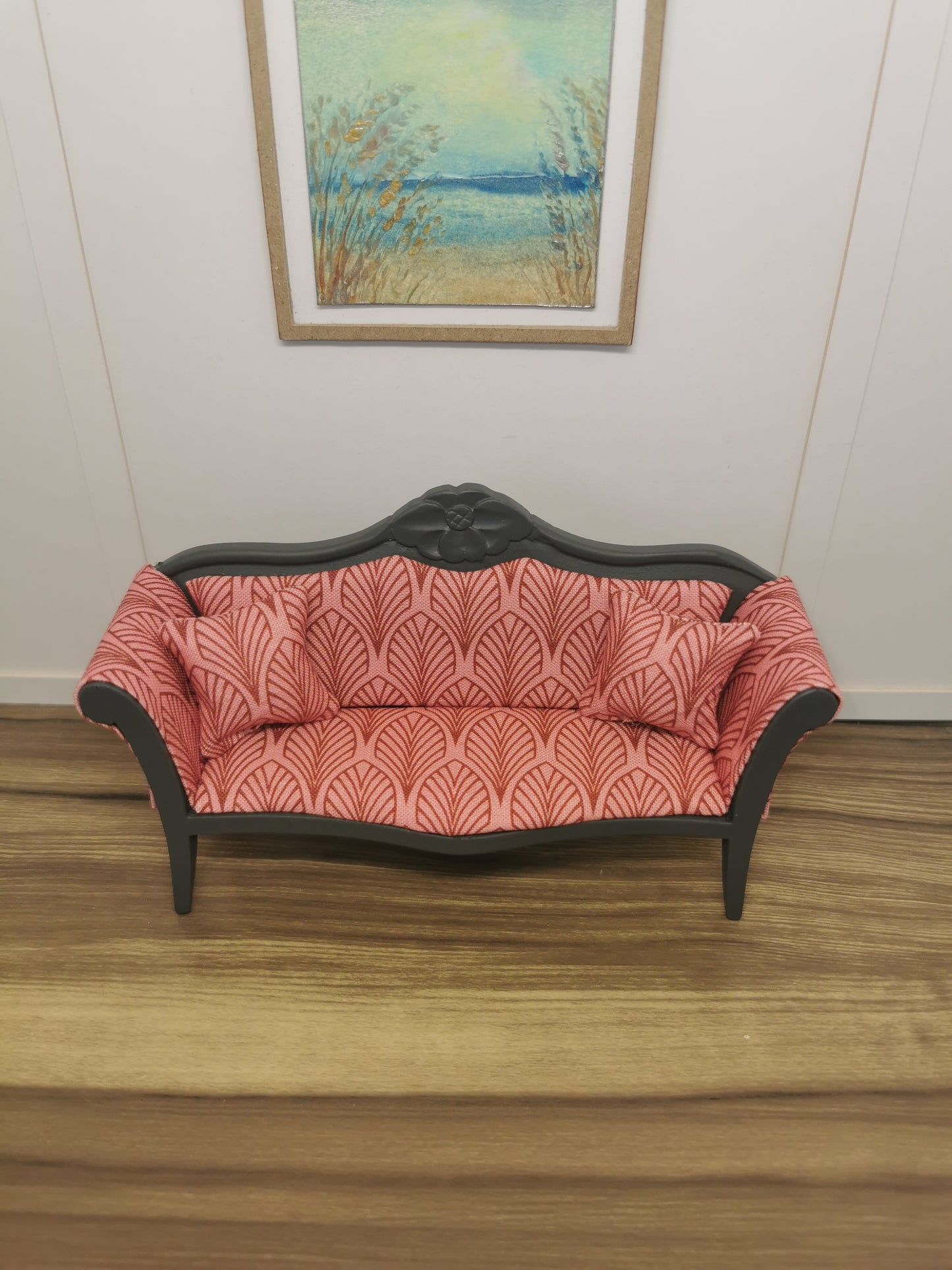 Grey & Pink Art Deco Print Bench | 1:12th Scale | Hand Finished