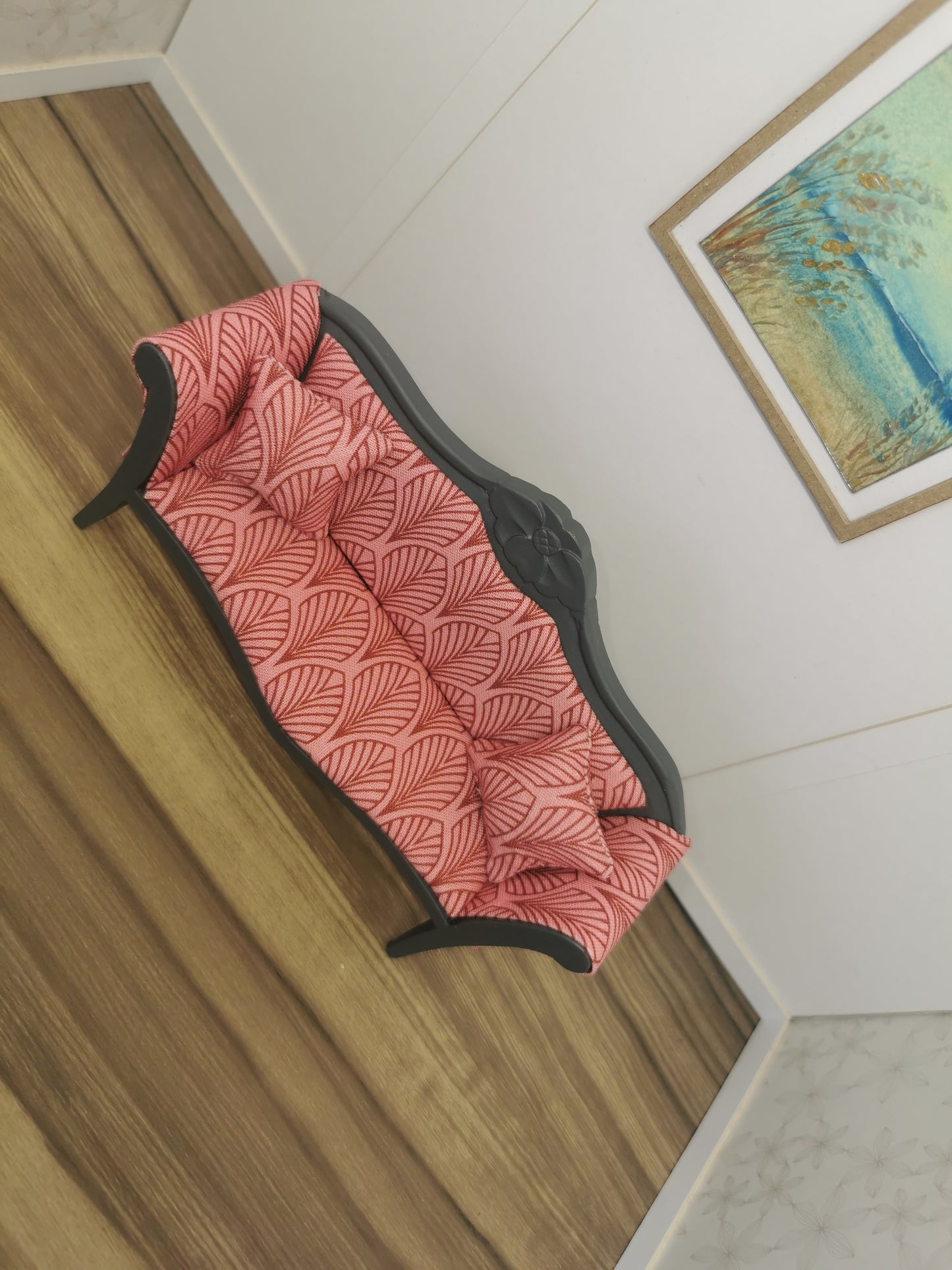 Grey & Pink Art Deco Print Bench | 1:12th Scale | Hand Finished