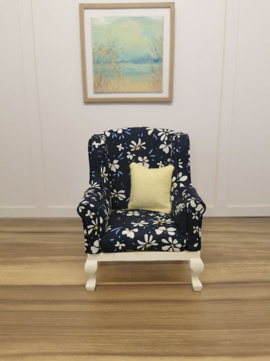 Navy Daisy Print Armchair | 1:12th Scale | Hand Finished