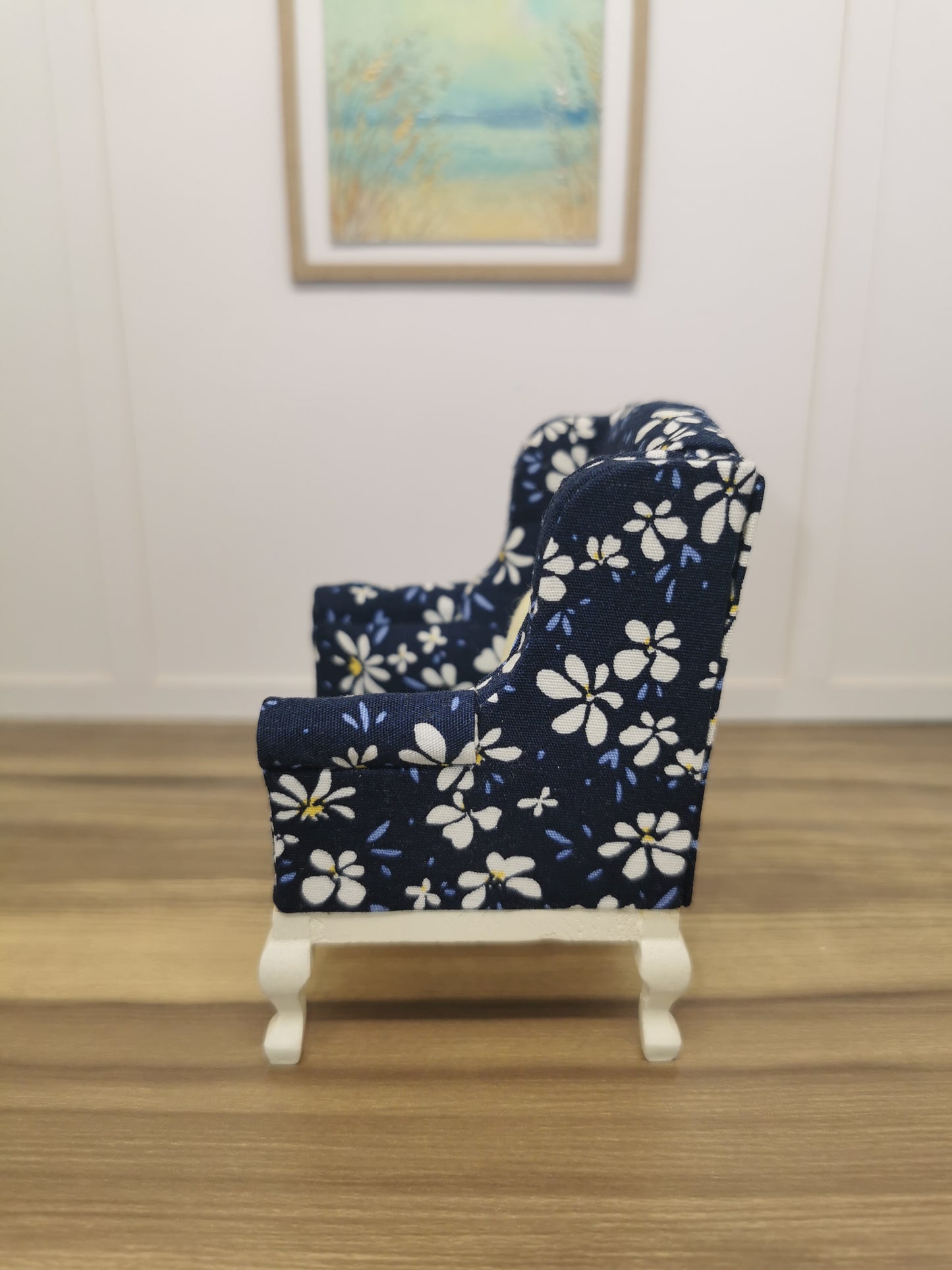 Navy Daisy Print Armchair | 1:12th Scale | Hand Finished