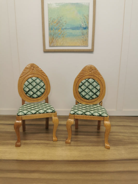 Light Wood & Green Geo Print Chairs | 1:12th Scale | Hand Finished