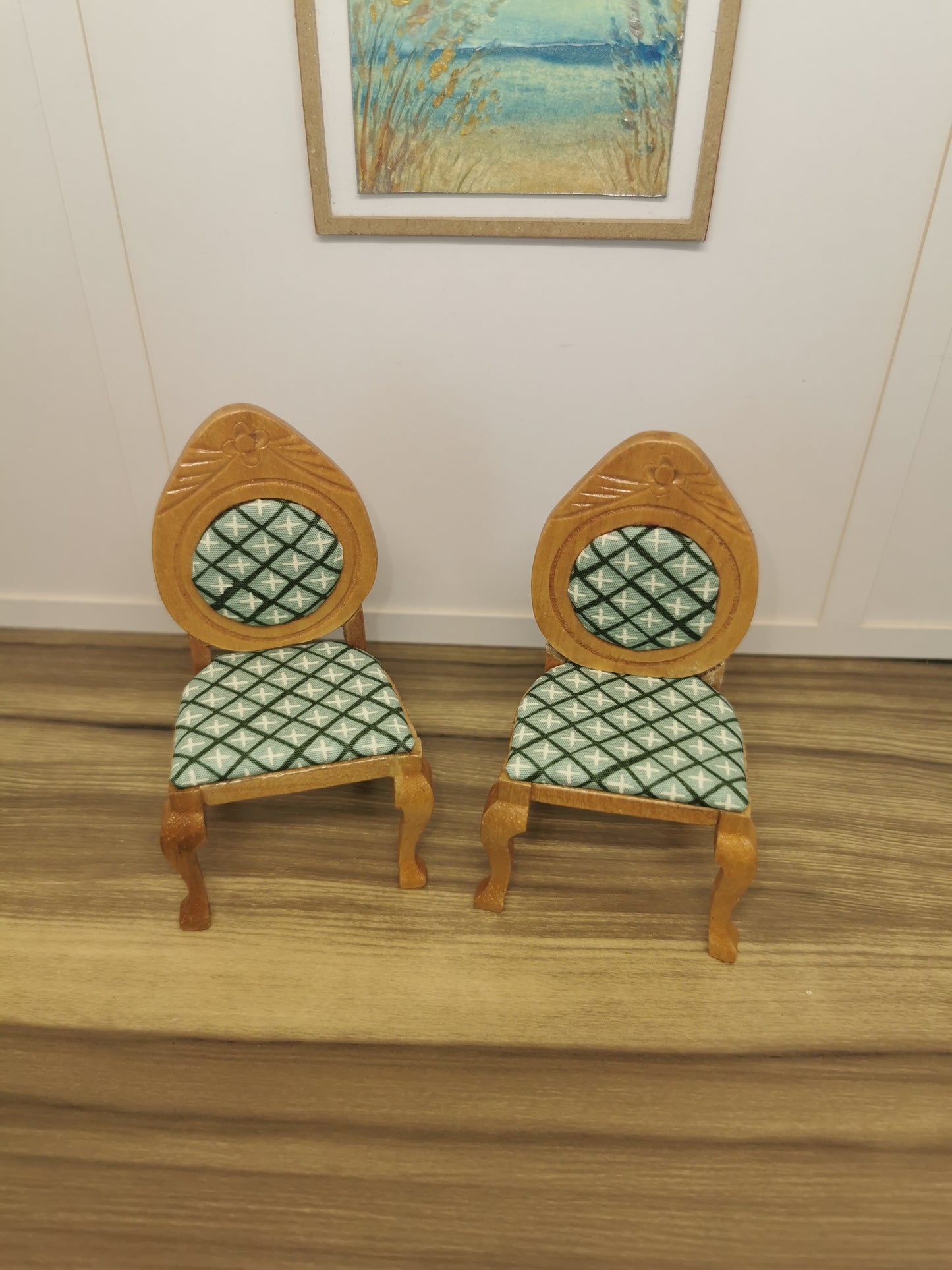Light Wood & Green Geo Print Chairs | 1:12th Scale | Hand Finished
