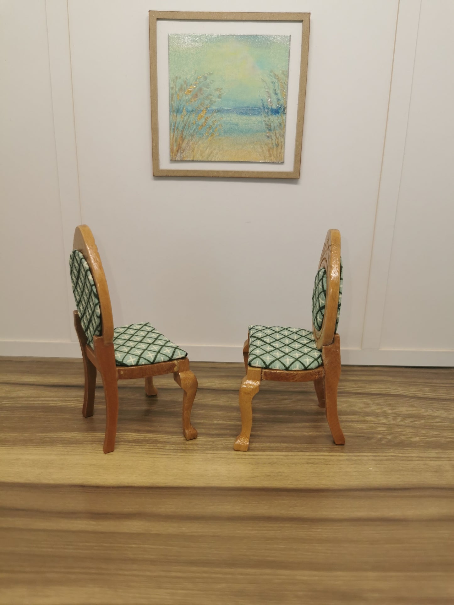Light Wood & Green Geo Print Chairs | 1:12th Scale | Hand Finished