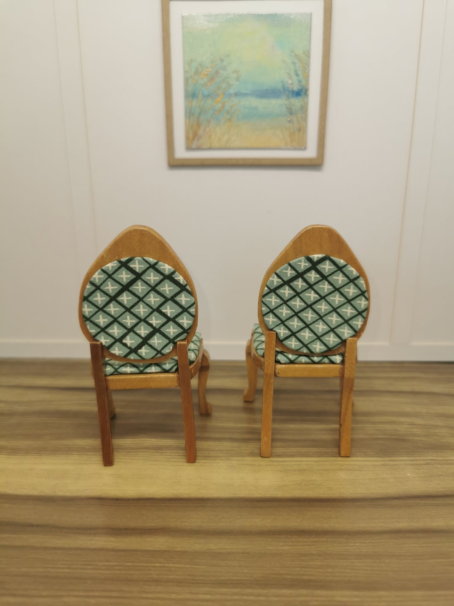 Light Wood & Green Geo Print Chairs | 1:12th Scale | Hand Finished