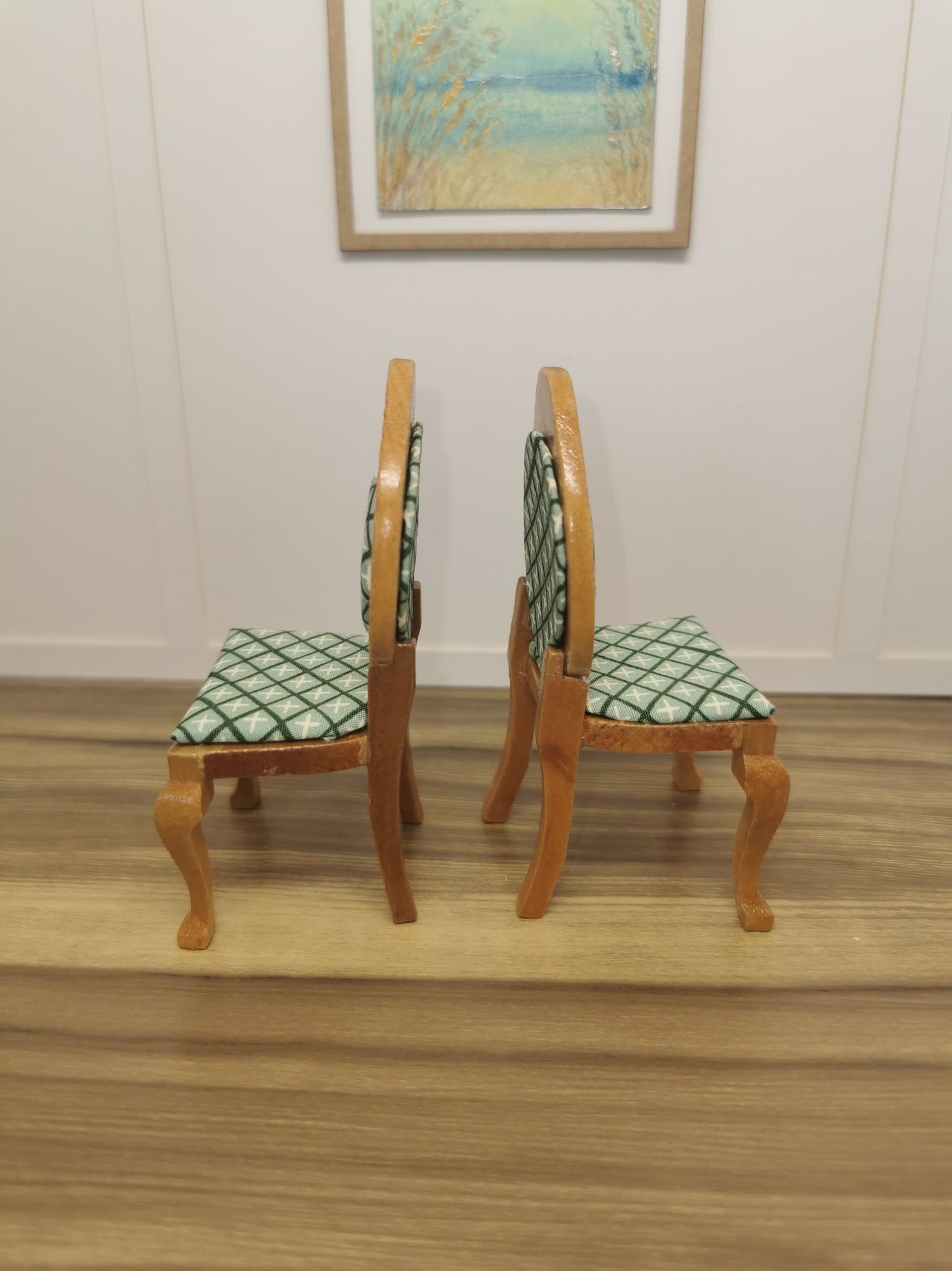 Light Wood & Green Geo Print Chairs | 1:12th Scale | Hand Finished