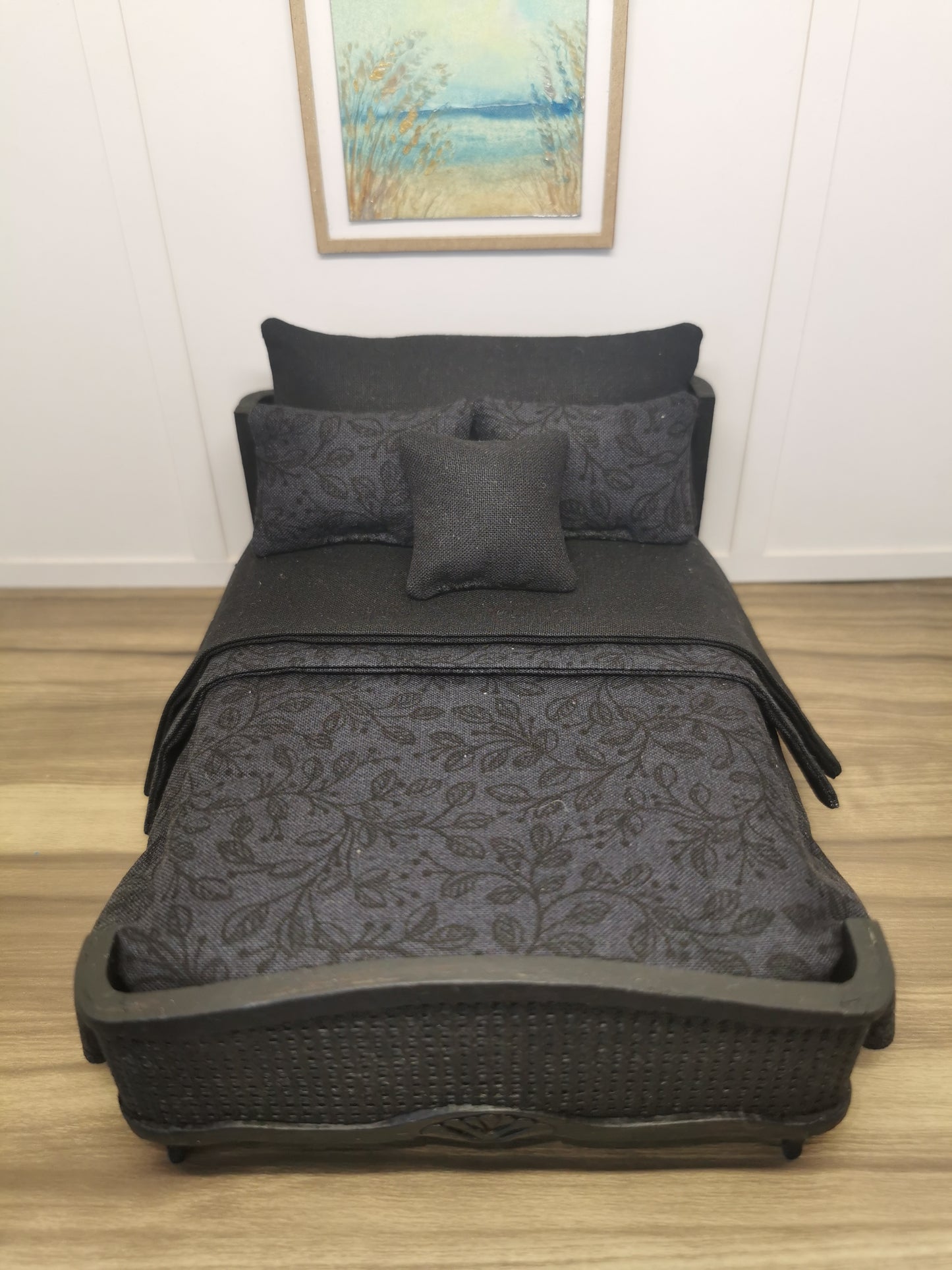 Black on Black Dressed Double Bed | 1:12th Scale | Hand Finished