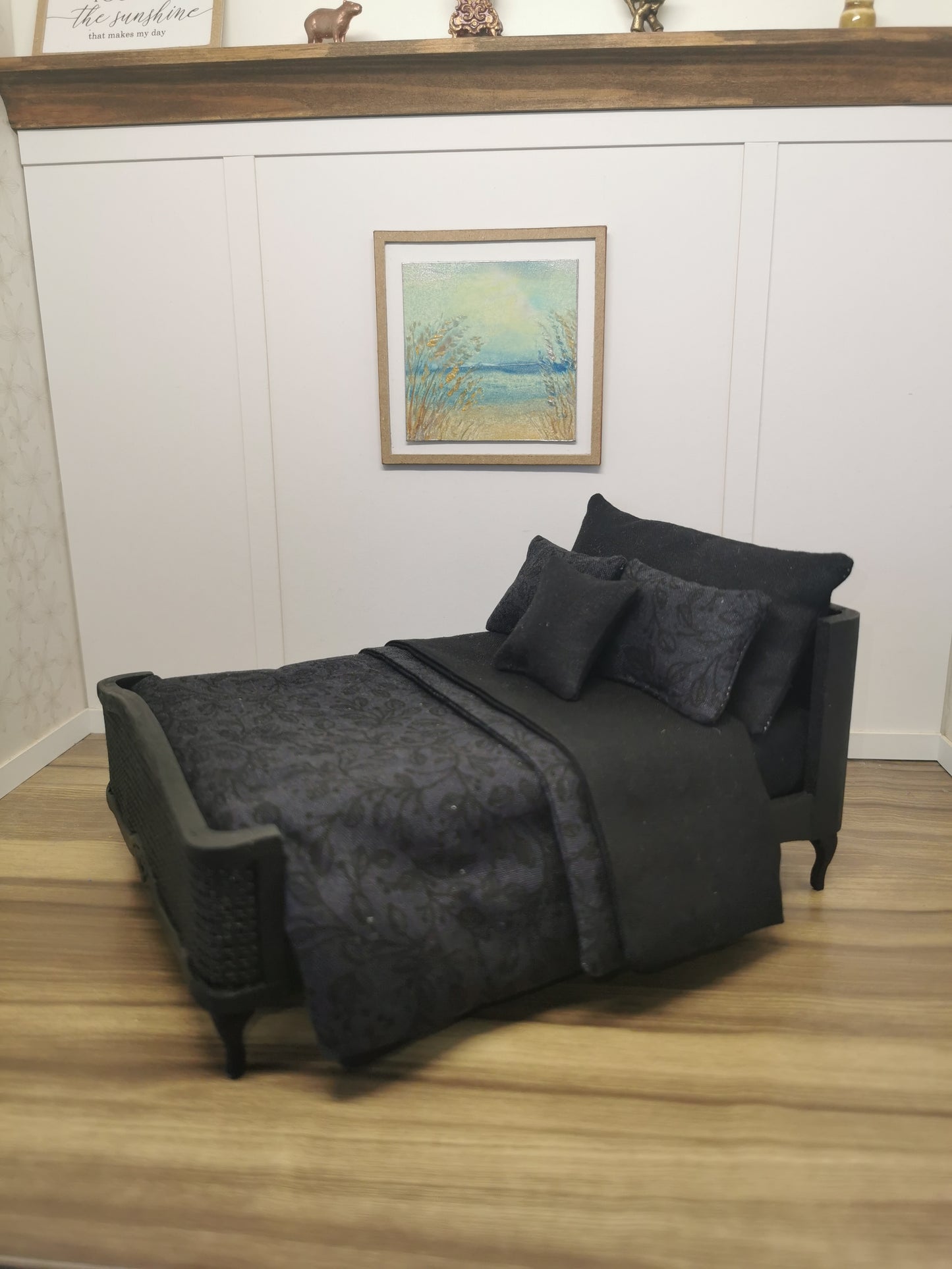 Black on Black Dressed Double Bed | 1:12th Scale | Hand Finished