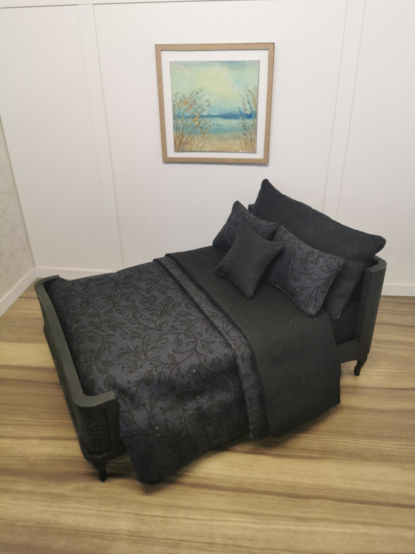 Black on Black Dressed Double Bed | 1:12th Scale | Hand Finished
