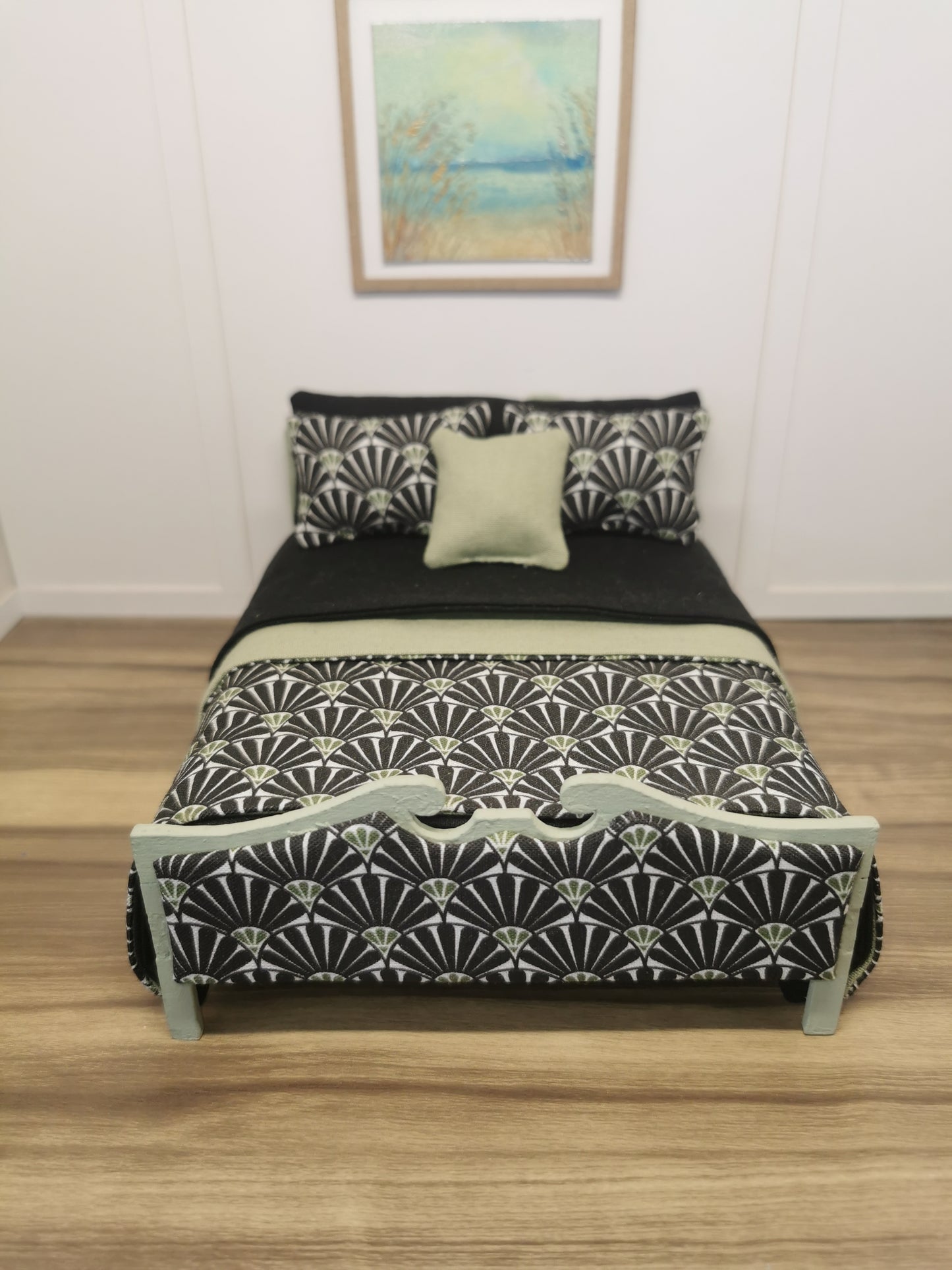 Black & Green Fan Dressed Double Bed | 1:12th Scale | Hand Finished