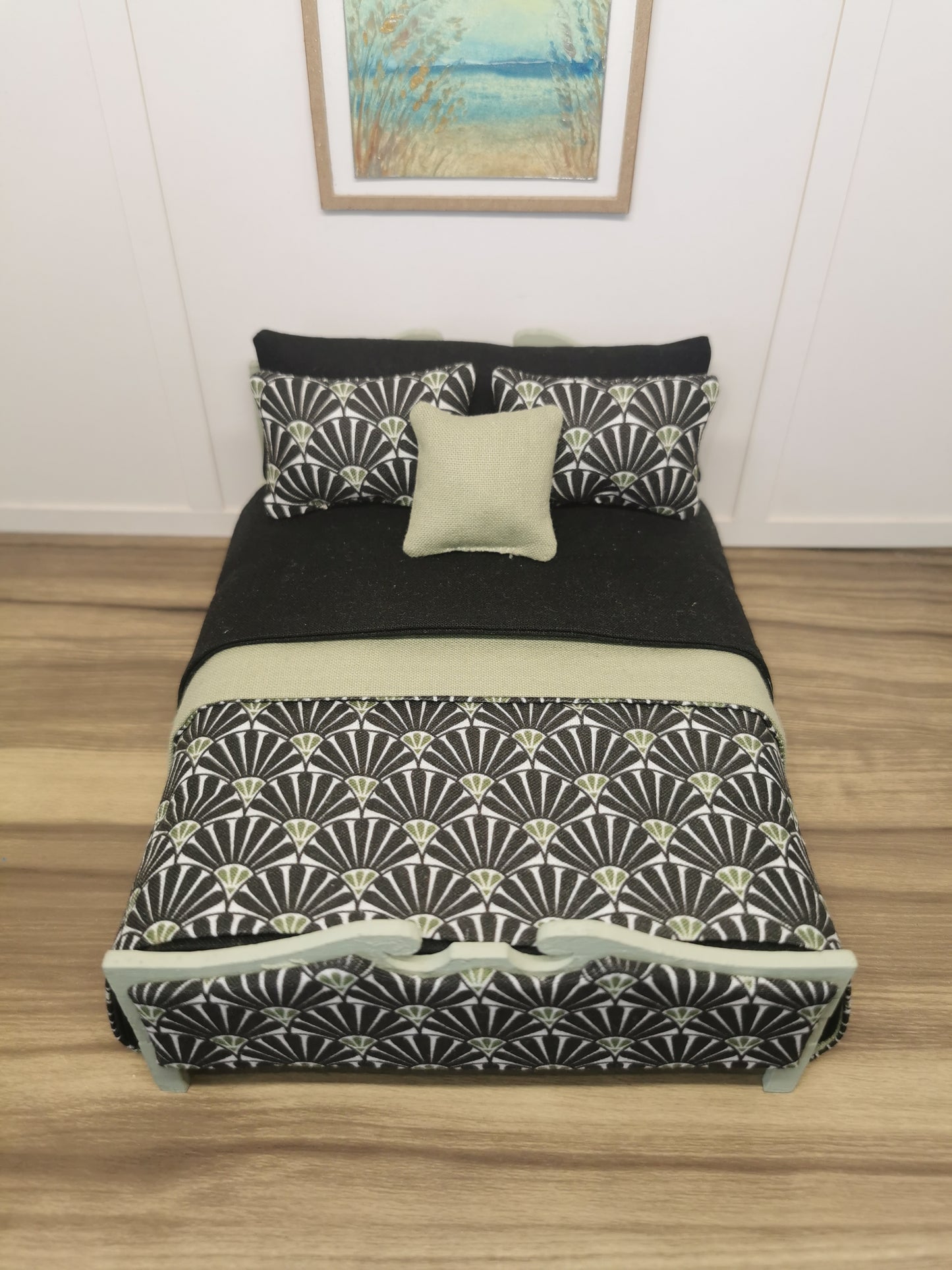 Black & Green Fan Dressed Double Bed | 1:12th Scale | Hand Finished