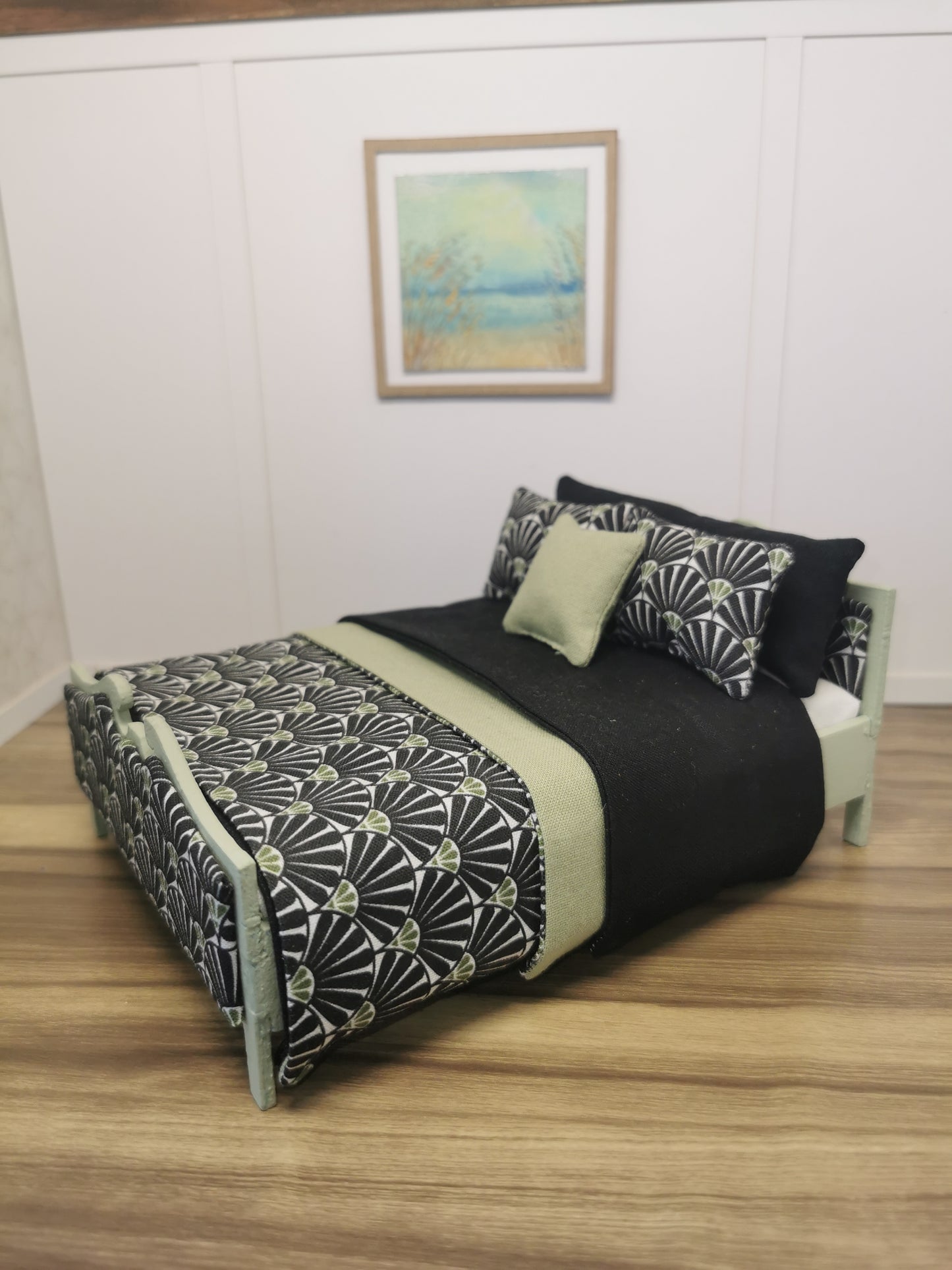 Black & Green Fan Dressed Double Bed | 1:12th Scale | Hand Finished