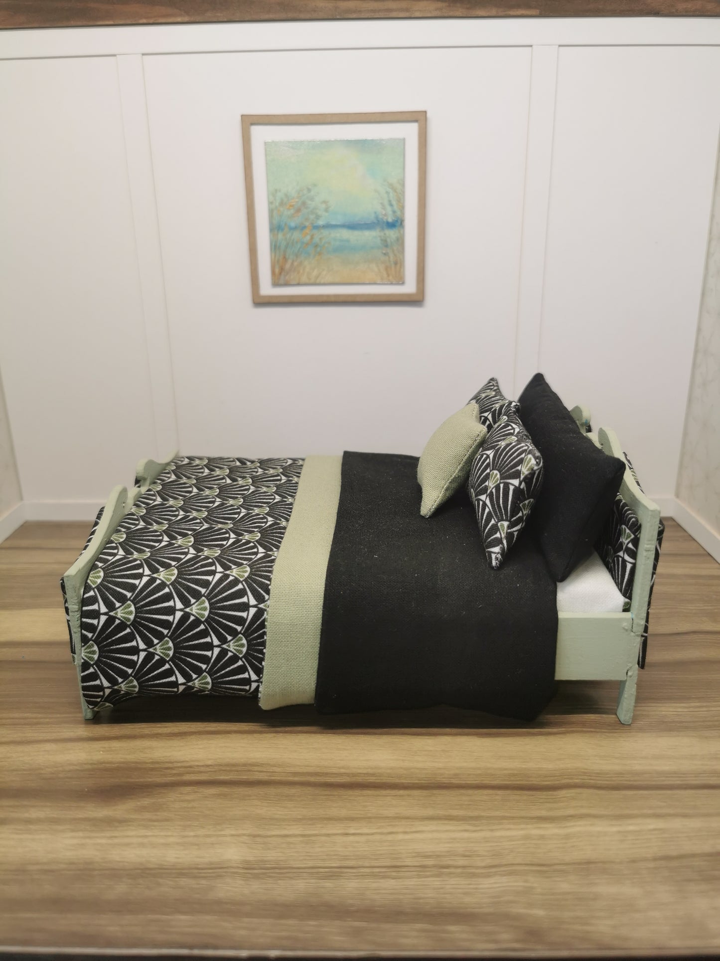 Black & Green Fan Dressed Double Bed | 1:12th Scale | Hand Finished