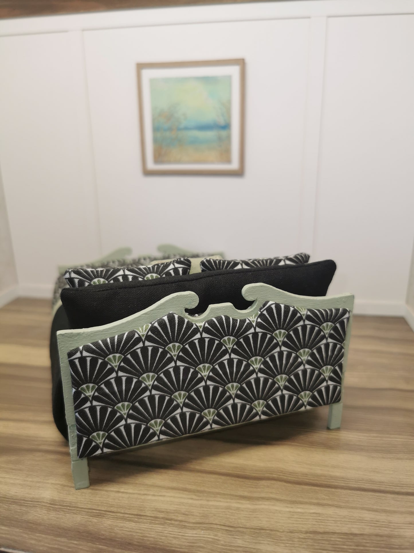 Black & Green Fan Dressed Double Bed | 1:12th Scale | Hand Finished