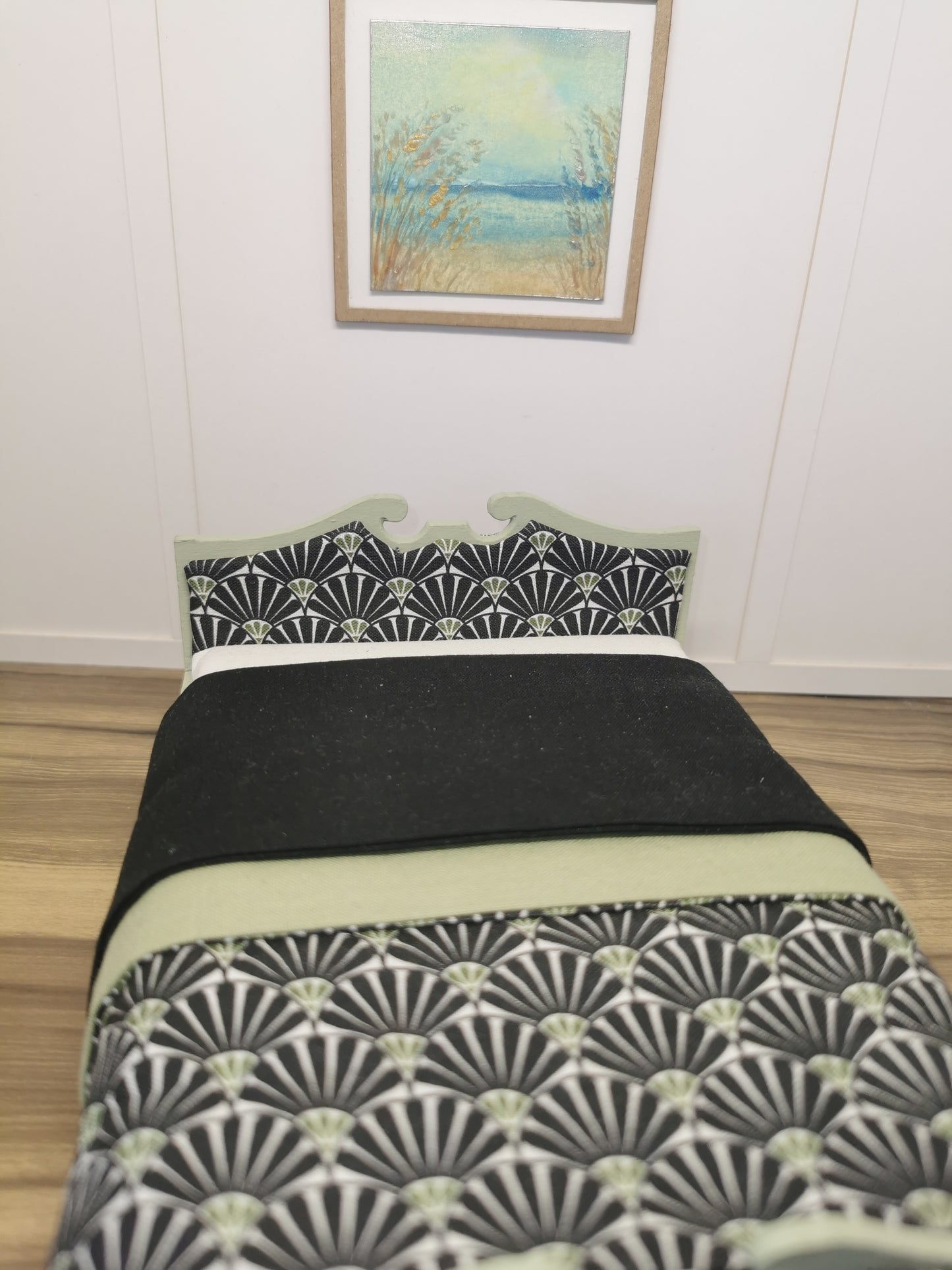 Black & Green Fan Dressed Double Bed | 1:12th Scale | Hand Finished