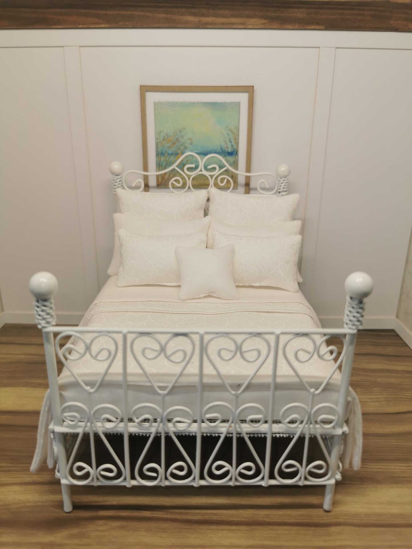 White Wire Heart Dressed Double Bed | 1:12th Scale | Hand Finished