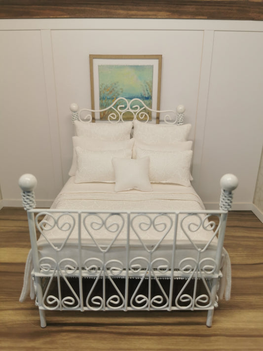 White Wire Heart Dressed Double Bed | 1:12th Scale | Hand Finished