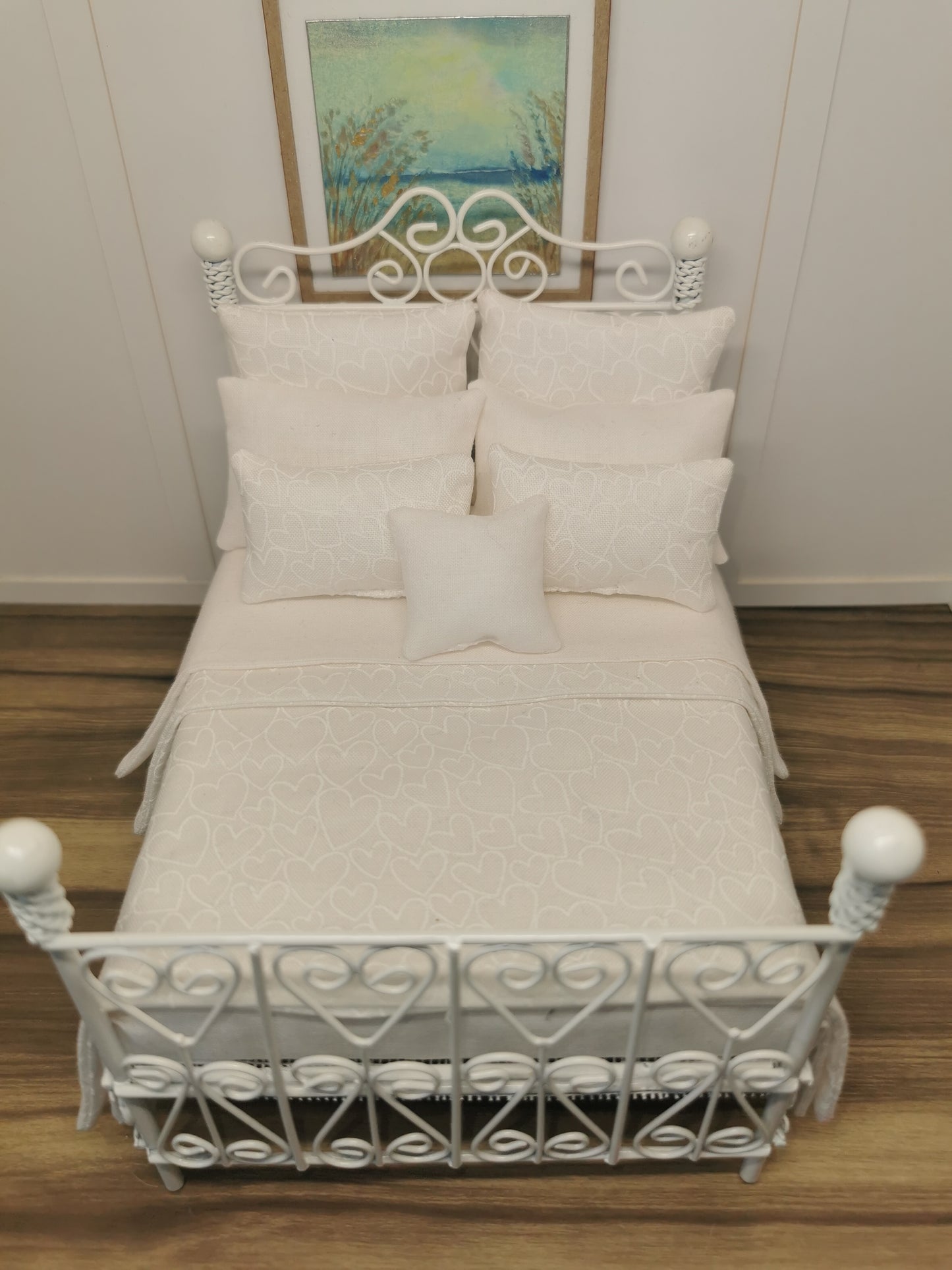 White Wire Heart Dressed Double Bed | 1:12th Scale | Hand Finished