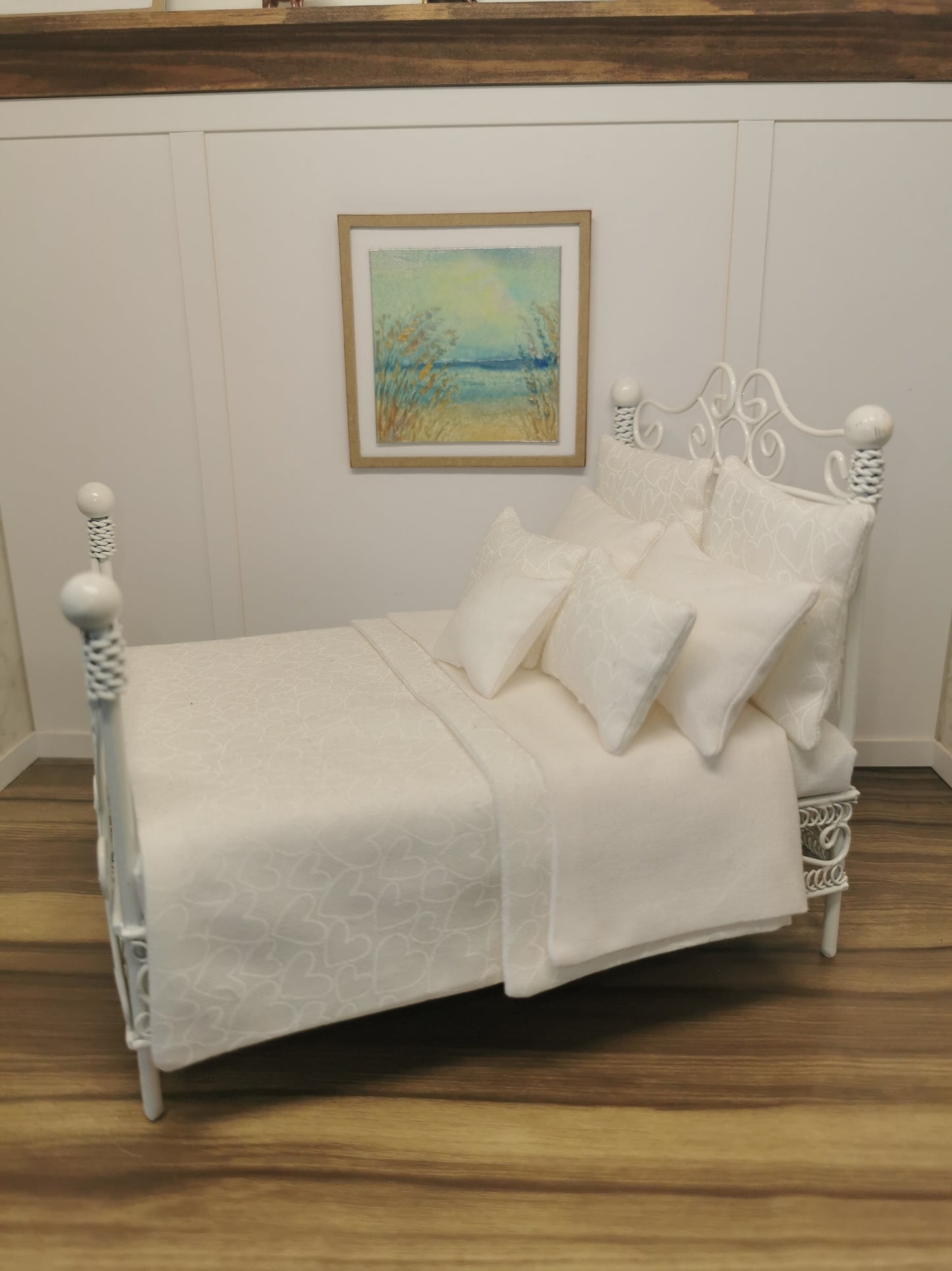 White Wire Heart Dressed Double Bed | 1:12th Scale | Hand Finished