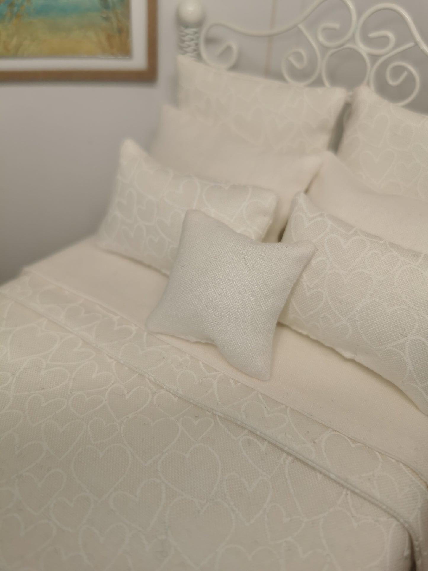 White Wire Heart Dressed Double Bed | 1:12th Scale | Hand Finished
