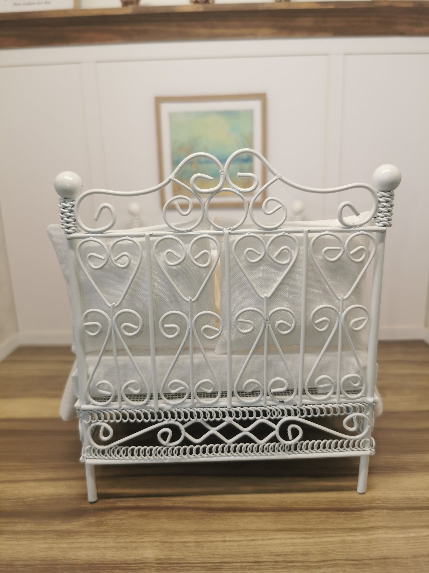 White Wire Heart Dressed Double Bed | 1:12th Scale | Hand Finished