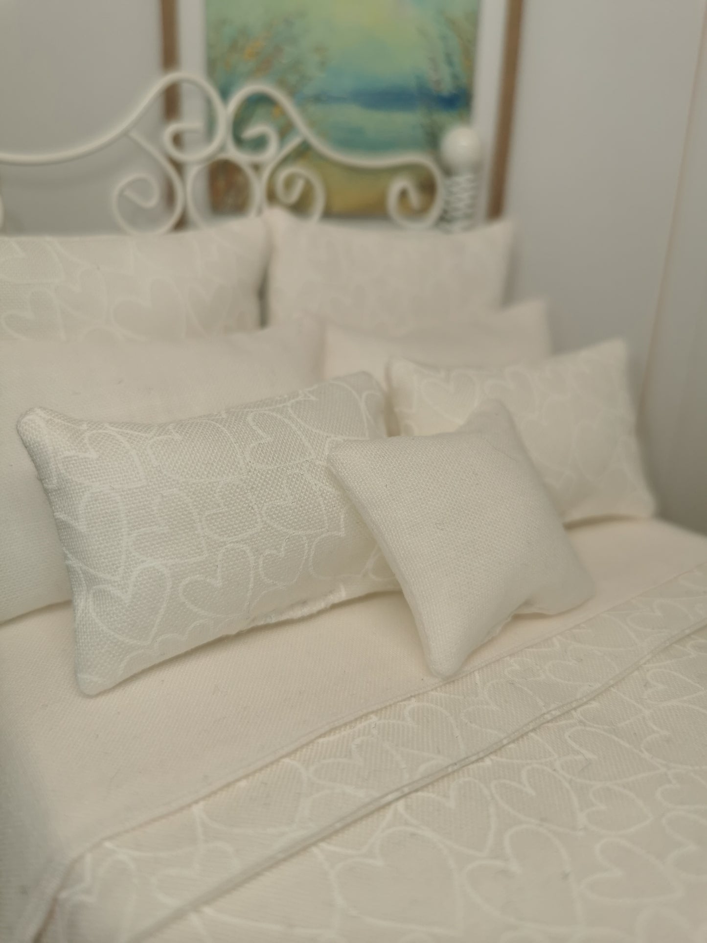 White Wire Heart Dressed Double Bed | 1:12th Scale | Hand Finished