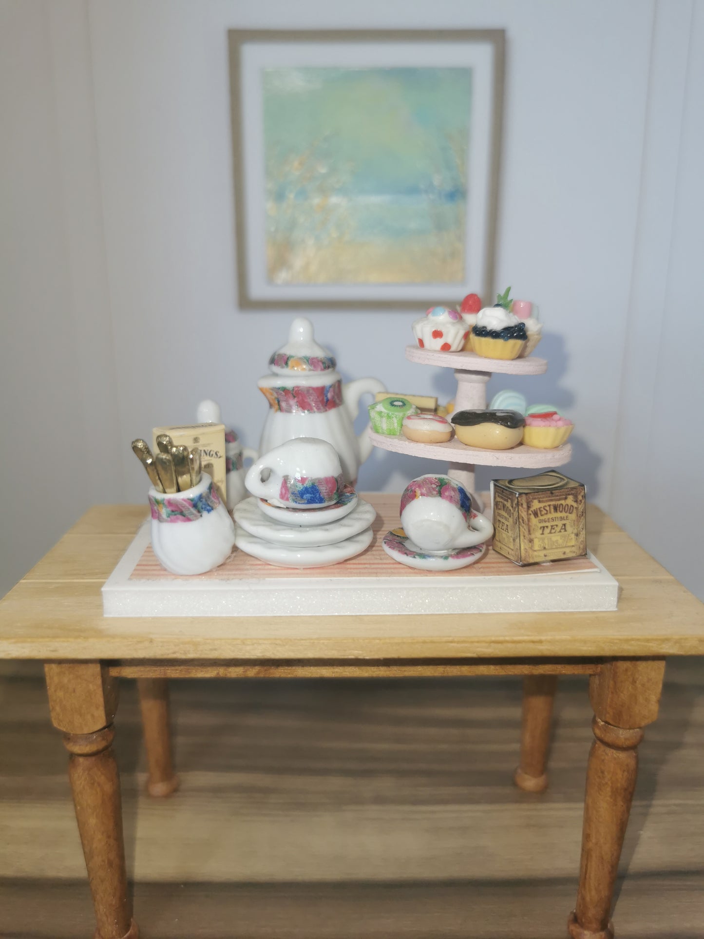 Afternoon Tea Set with Pink Cake Stand | 1:12th Scale | Handmade