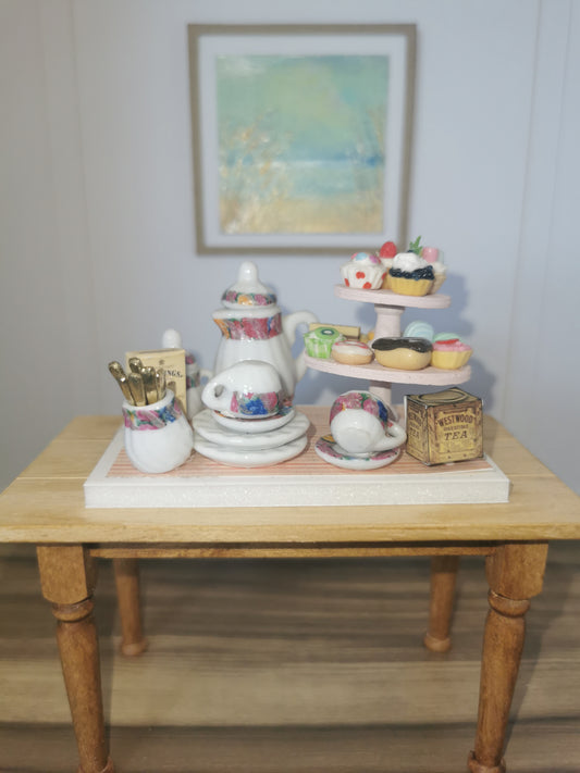 Afternoon Tea Set with Pink Cake Stand | 1:12th Scale | Handmade