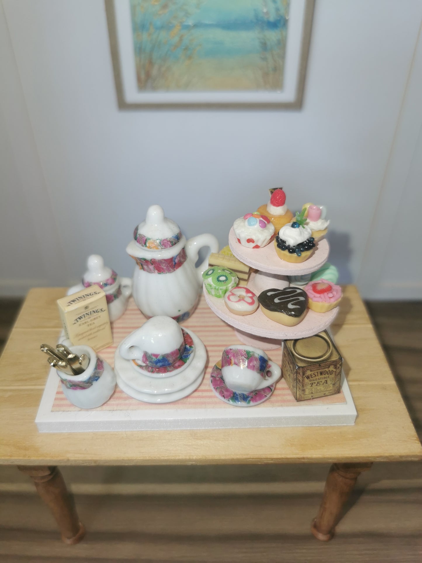 Afternoon Tea Set with Pink Cake Stand | 1:12th Scale | Handmade