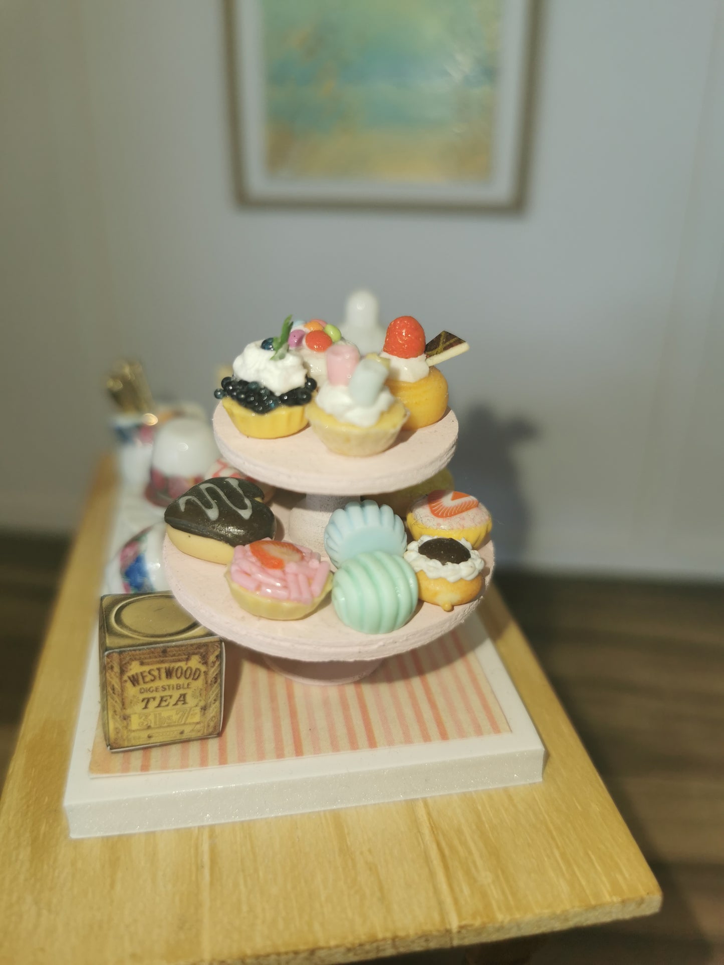 Afternoon Tea Set with Pink Cake Stand | 1:12th Scale | Handmade