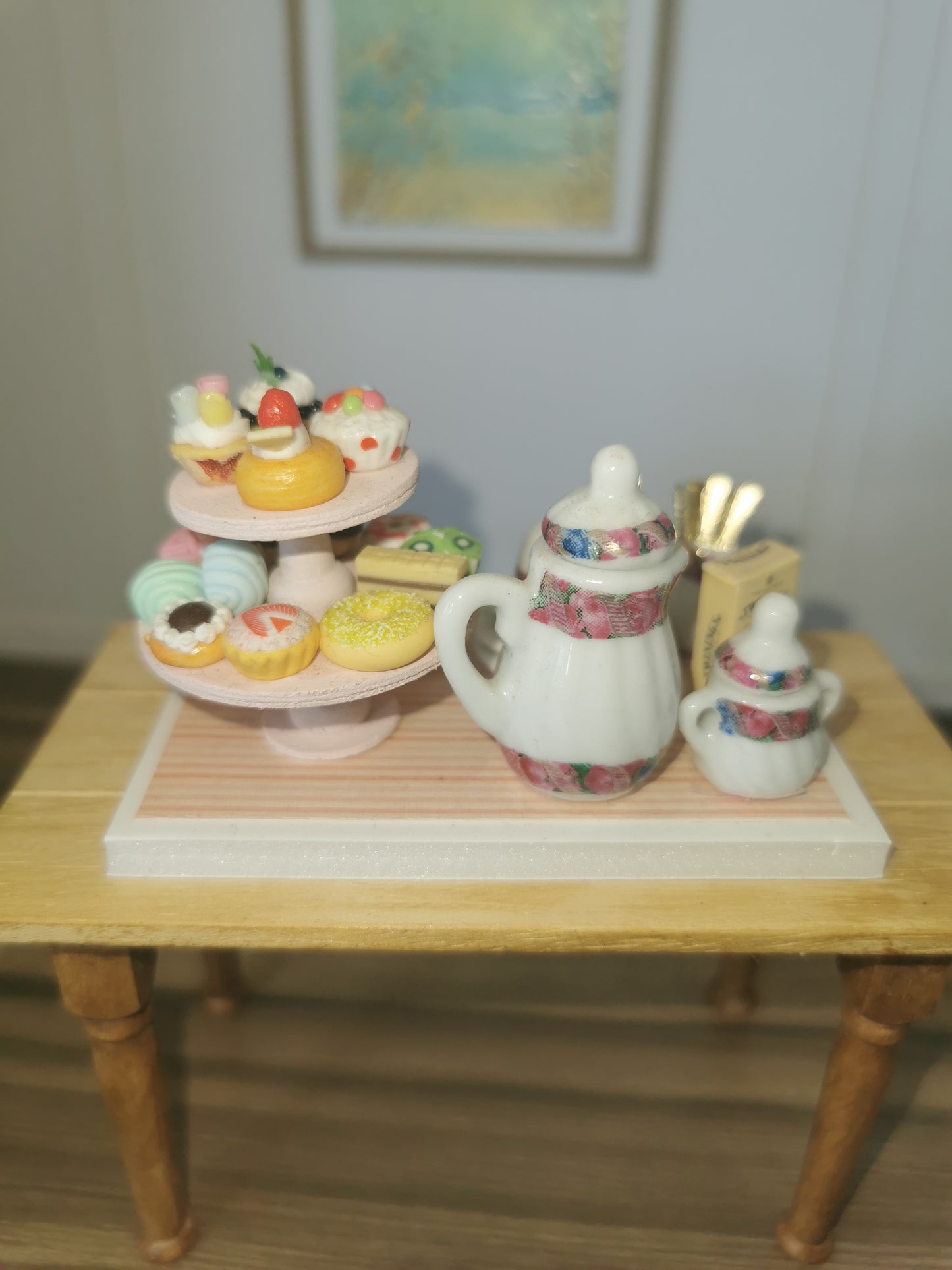 Afternoon Tea Set with Pink Cake Stand | 1:12th Scale | Handmade