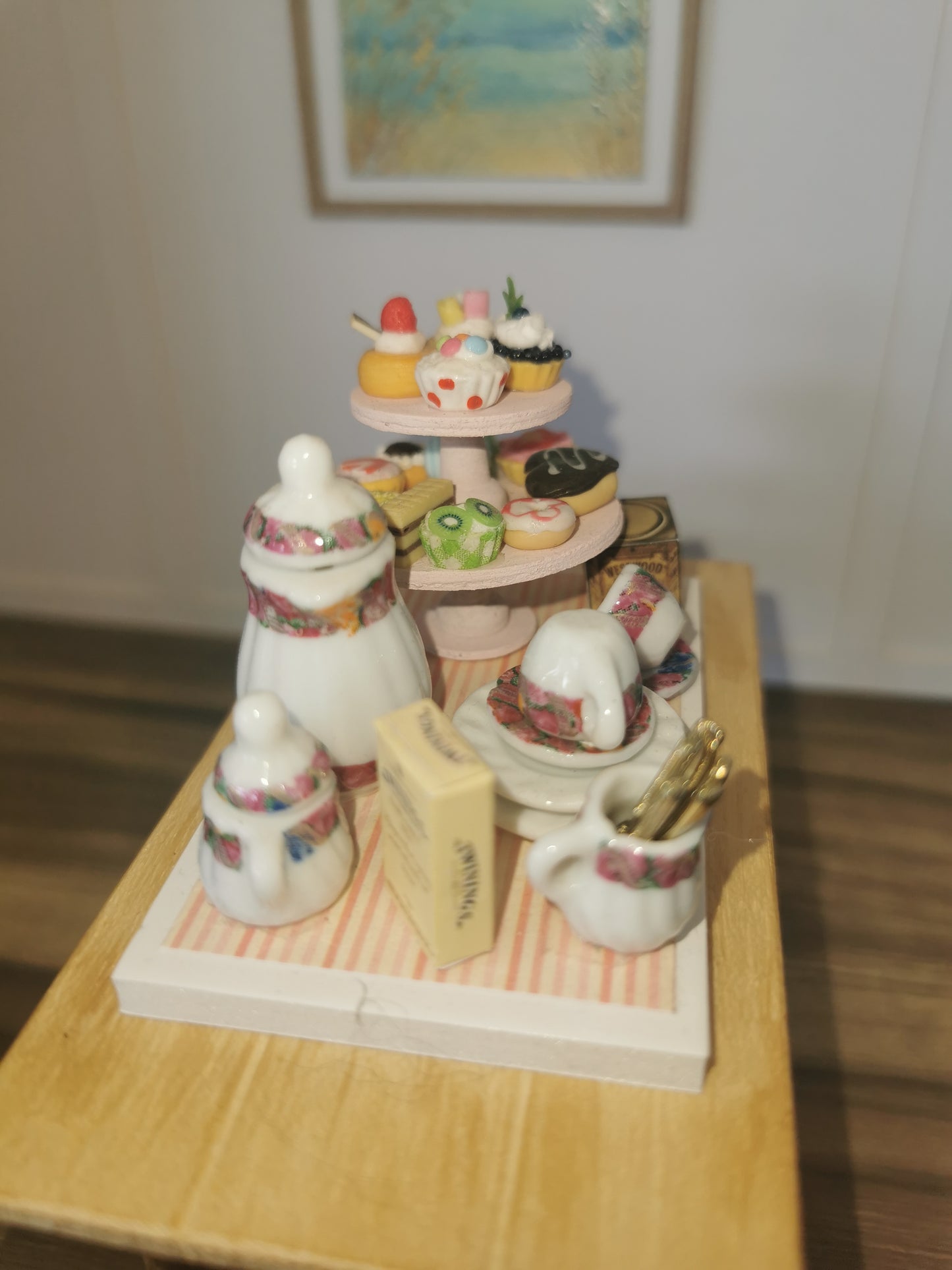 Afternoon Tea Set with Pink Cake Stand | 1:12th Scale | Handmade