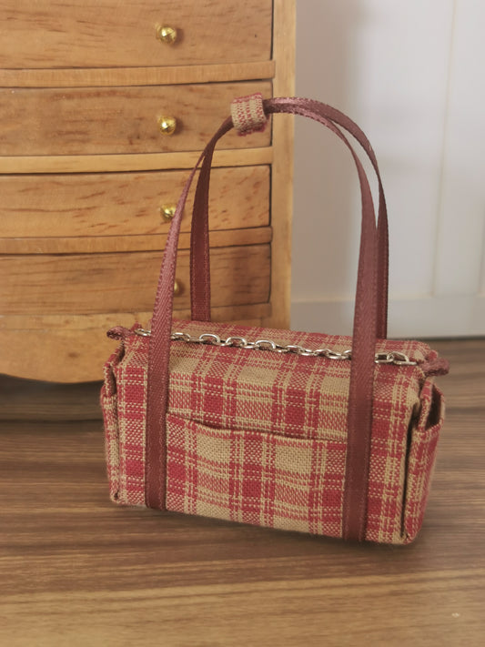 Taupe & Burgundy Check Fabric Overnight Bag | 1:12th Scale | Handmade