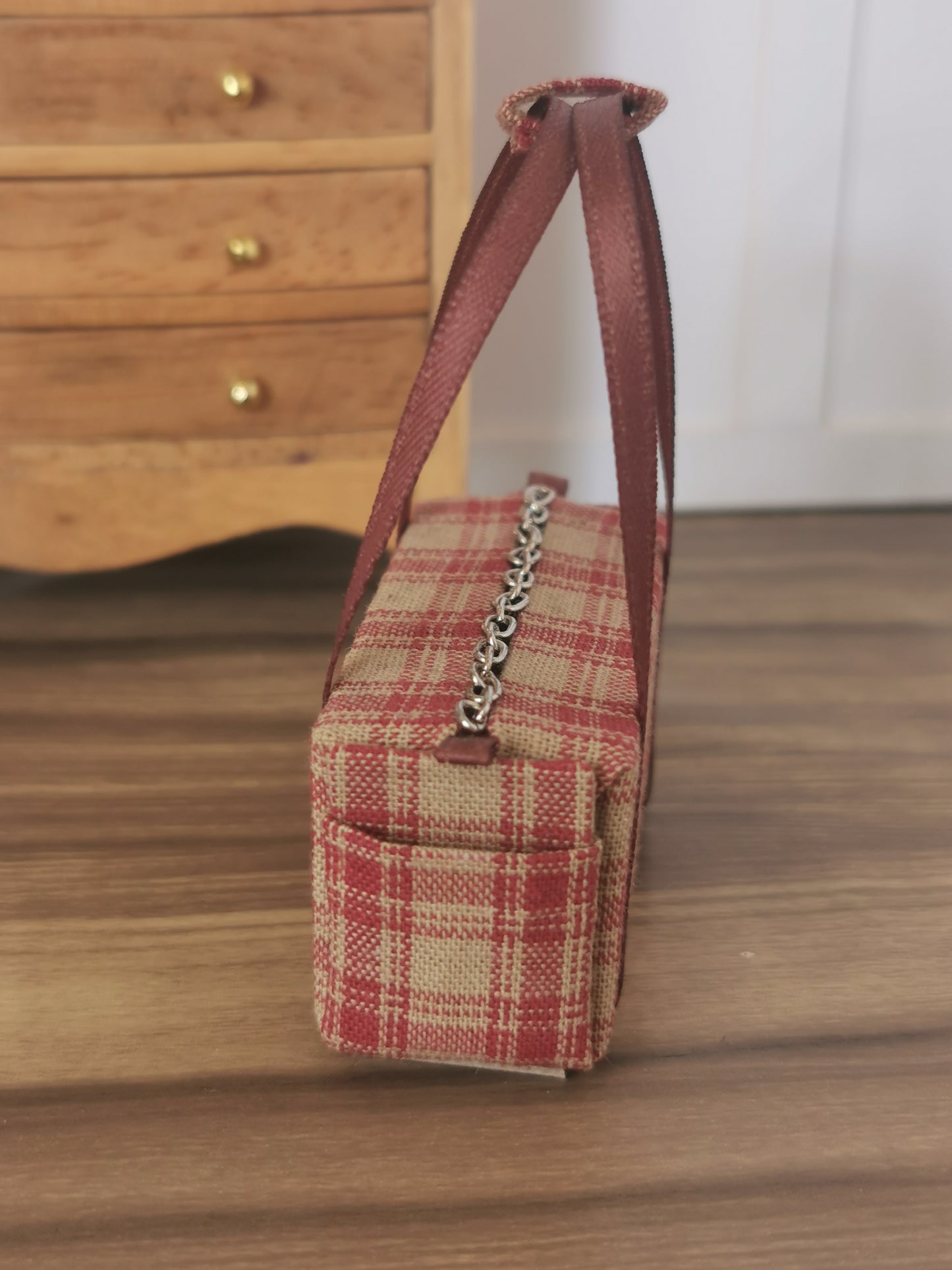Taupe & Burgundy Check Fabric Overnight Bag | 1:12th Scale | Handmade