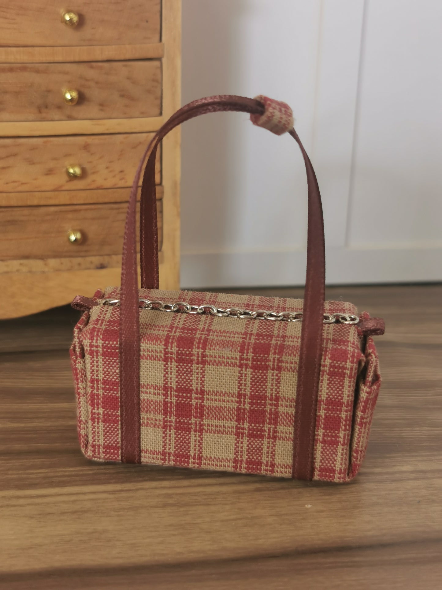 Taupe & Burgundy Check Fabric Overnight Bag | 1:12th Scale | Handmade