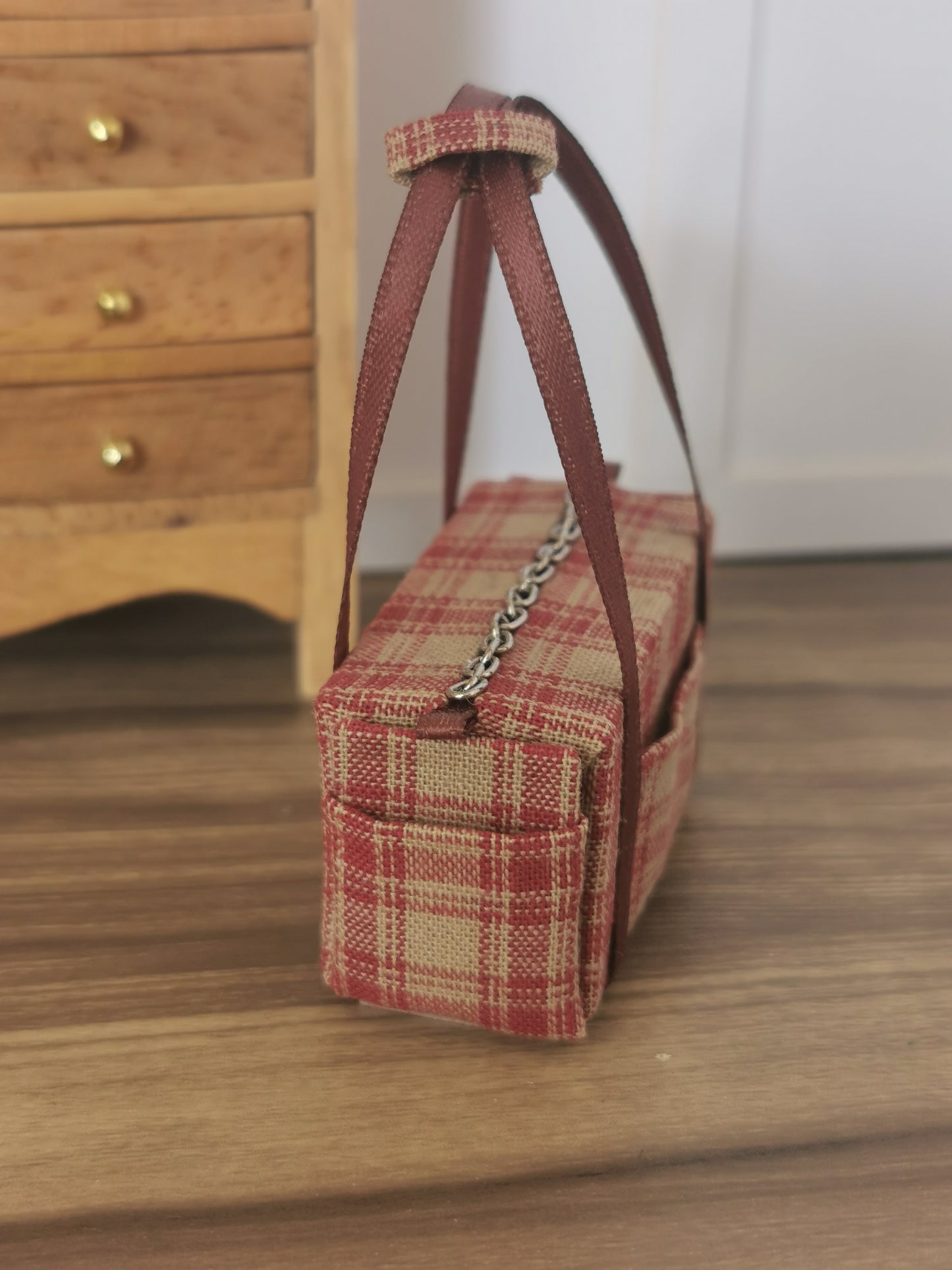 Taupe & Burgundy Check Fabric Overnight Bag | 1:12th Scale | Handmade