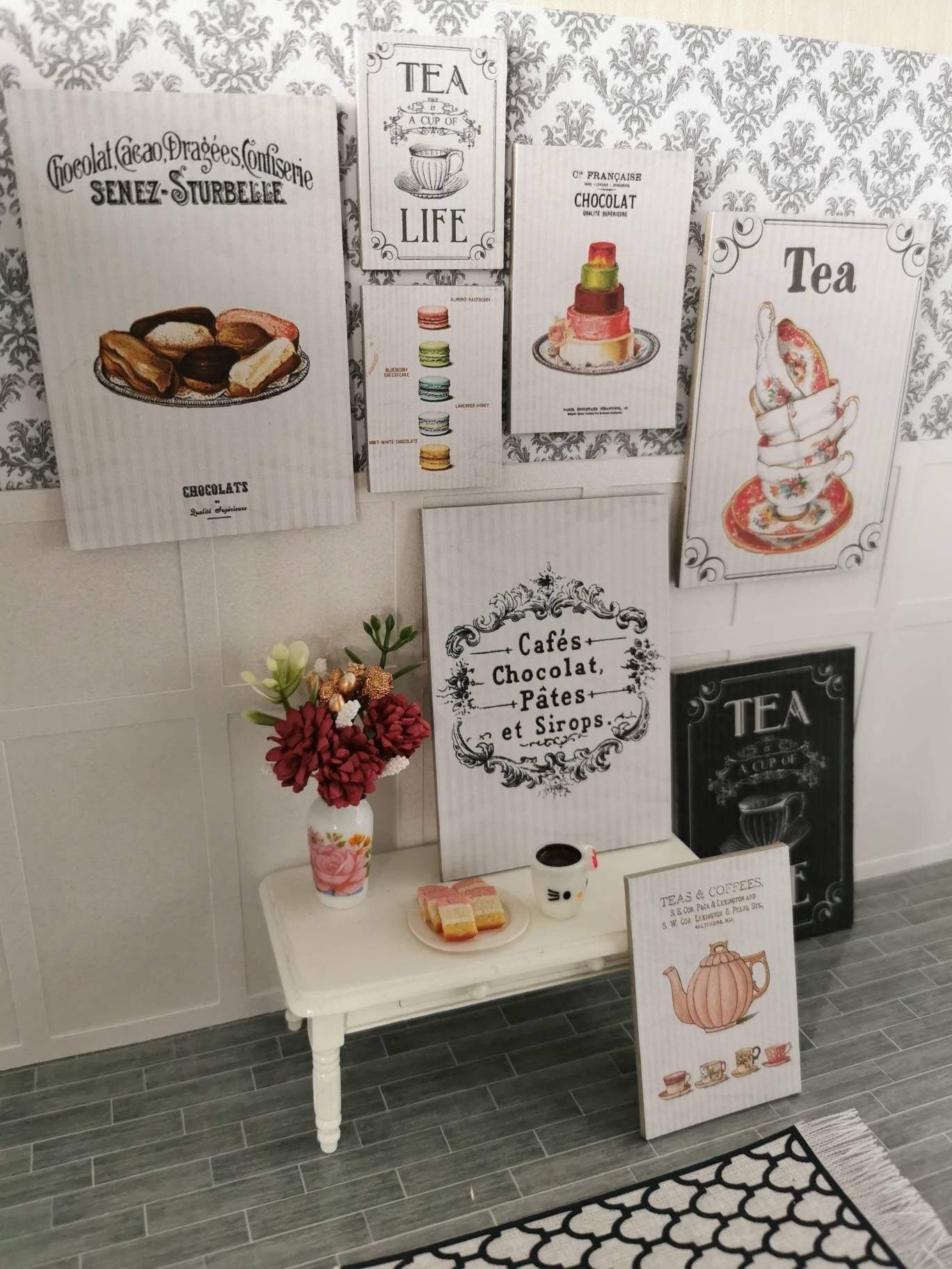 Tea Shop Wall Art Prints | Set of 8 | 1:12th Scale | Handmade - ZJ Miniatures 