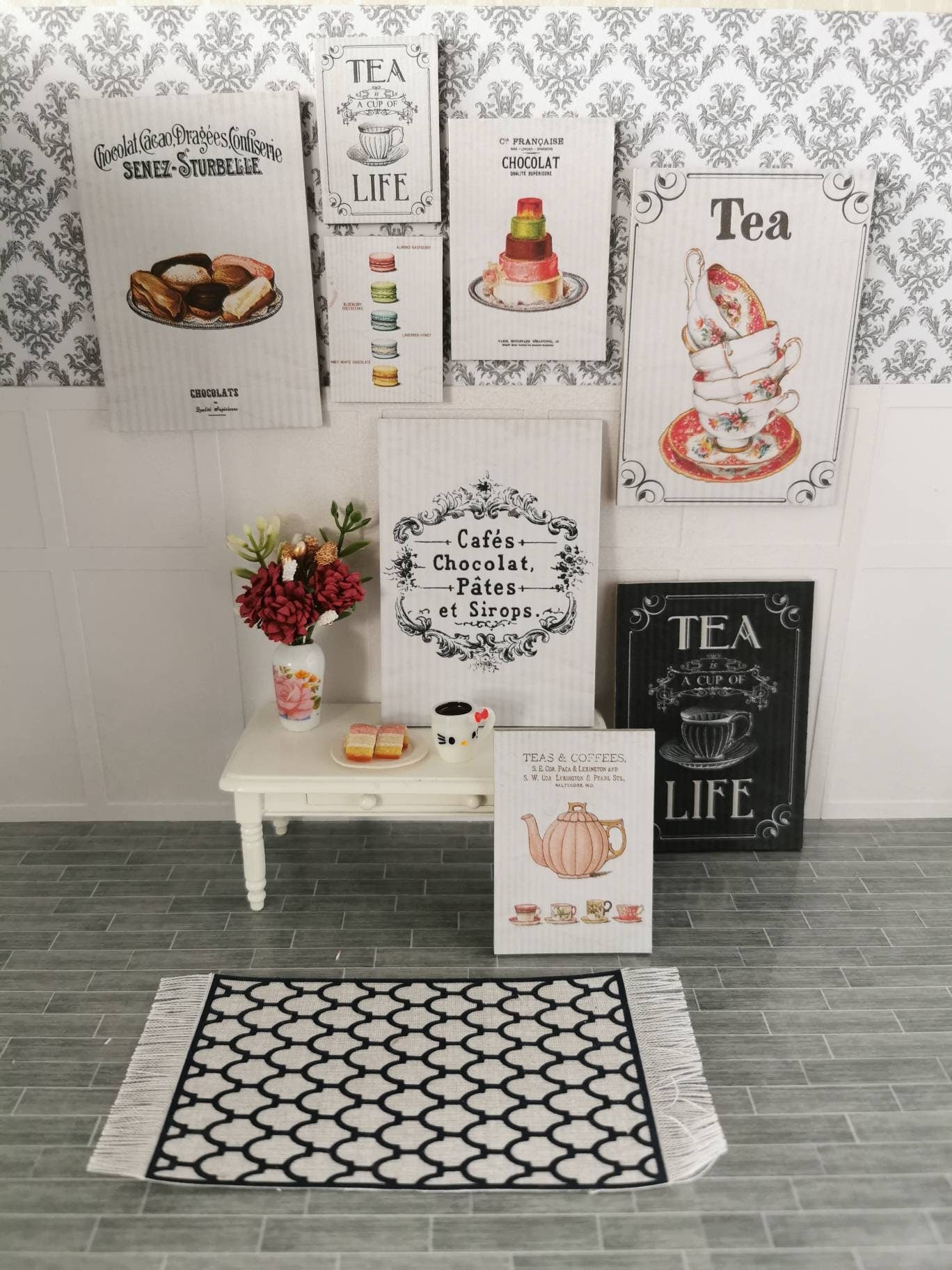 Tea Shop Wall Art Prints | Set of 8 | 1:12th Scale | Handmade - ZJ Miniatures 