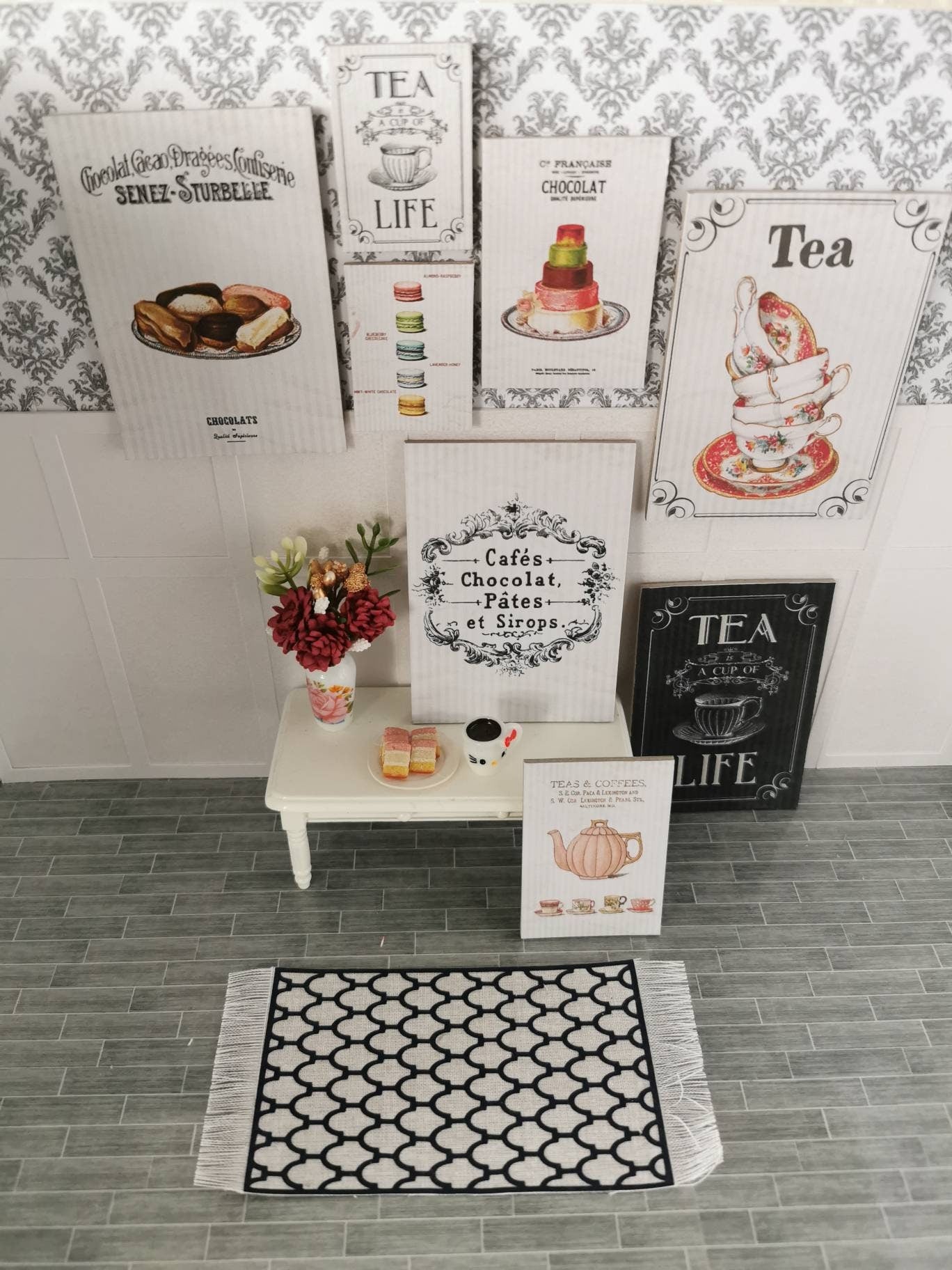 Tea Shop Wall Art Prints | Set of 8 | 1:12th Scale | Handmade - ZJ Miniatures 