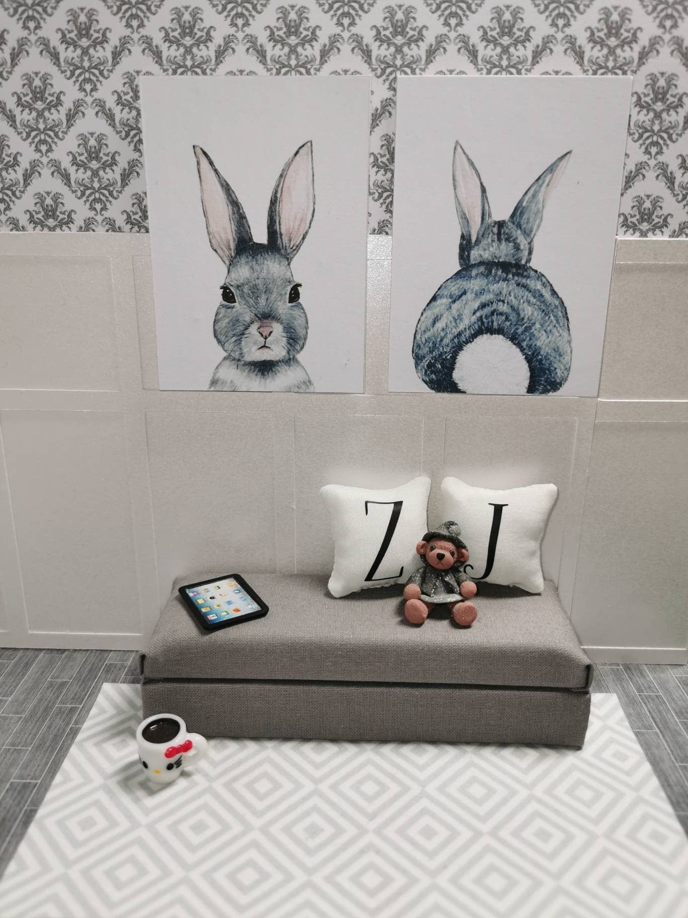 Bunny Wall Art Prints | Set of 2 | 1:12th Scale | Handmade - ZJ Miniatures 