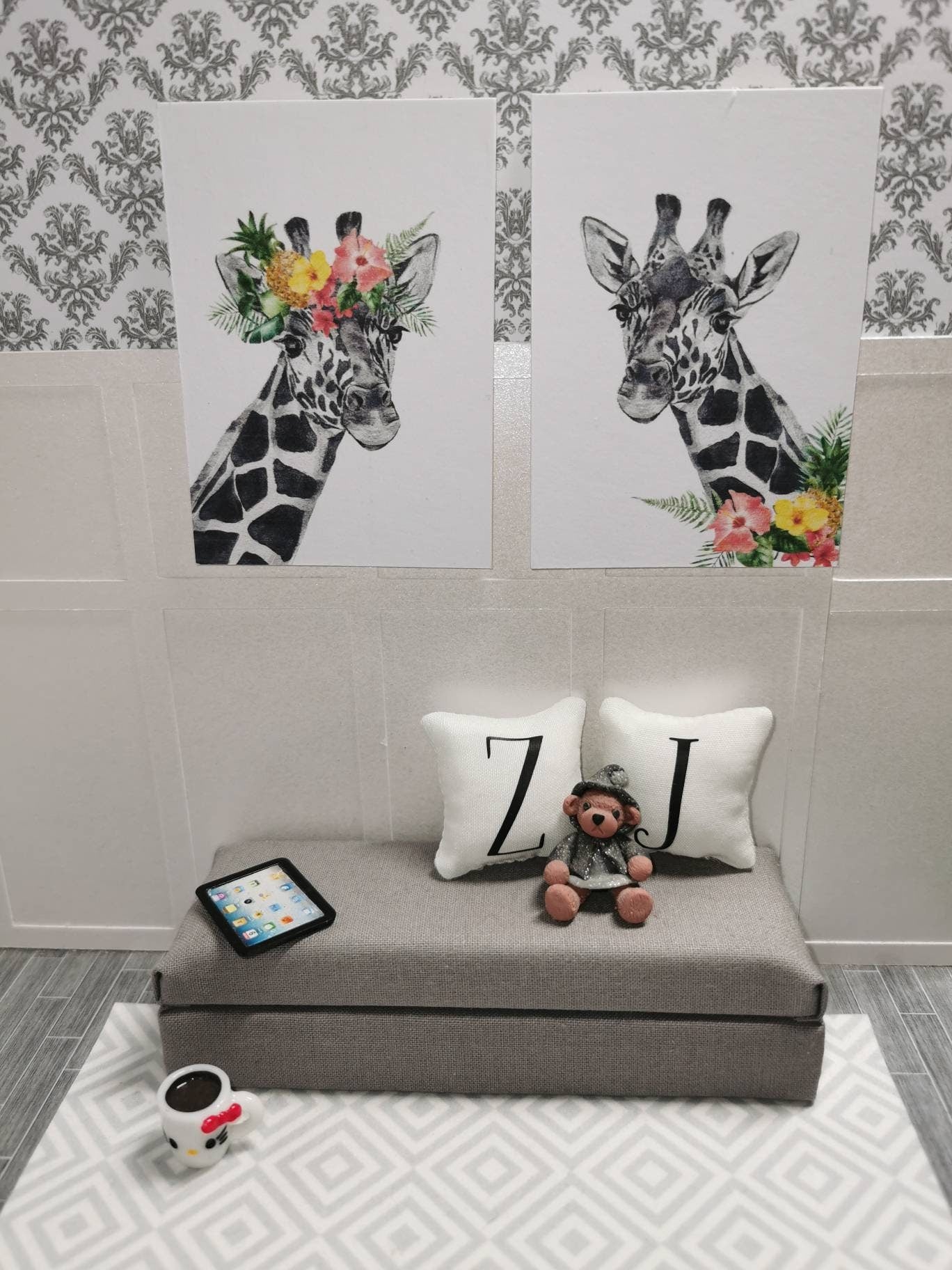 Giraffe Wall Art Prints | Set of 2 | 1:12th Scale | Handmade - ZJ Miniatures 