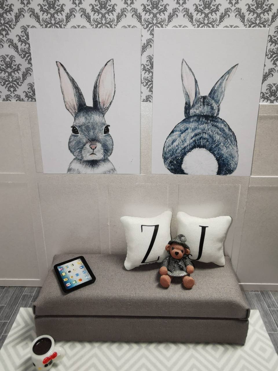 Bunny Wall Art Prints | Set of 2 | 1:12th Scale | Handmade - ZJ Miniatures 