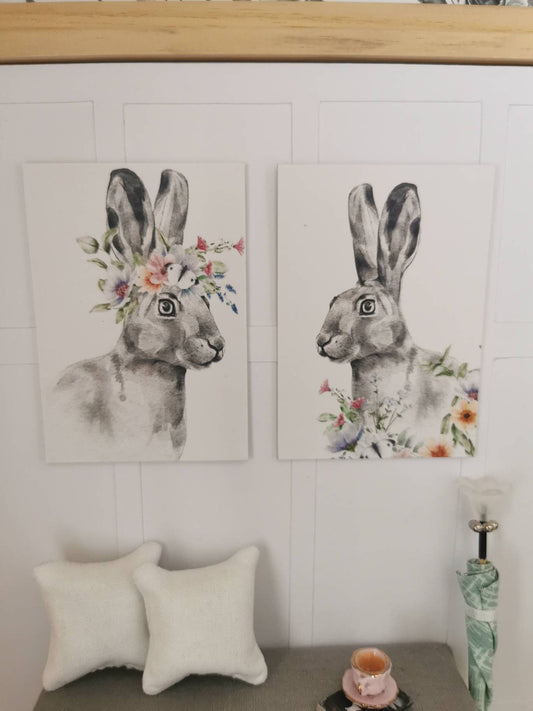 Hare Wall Art Prints | Set of 2 | 1:12th Scale | Handmade - ZJ Miniatures 