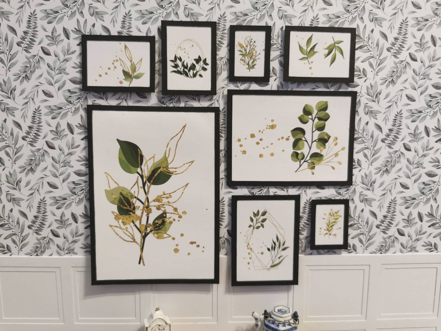 Gold Leaf Wall Art Pictures | Set of 8 | 1:12th Scale | Handmade - ZJ Miniatures 