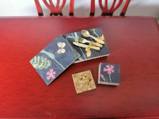 Black Floral Placemat & Coasters | Set of 4 or 6 | 1:12th Scale | Handmade - ZJ Miniatures 