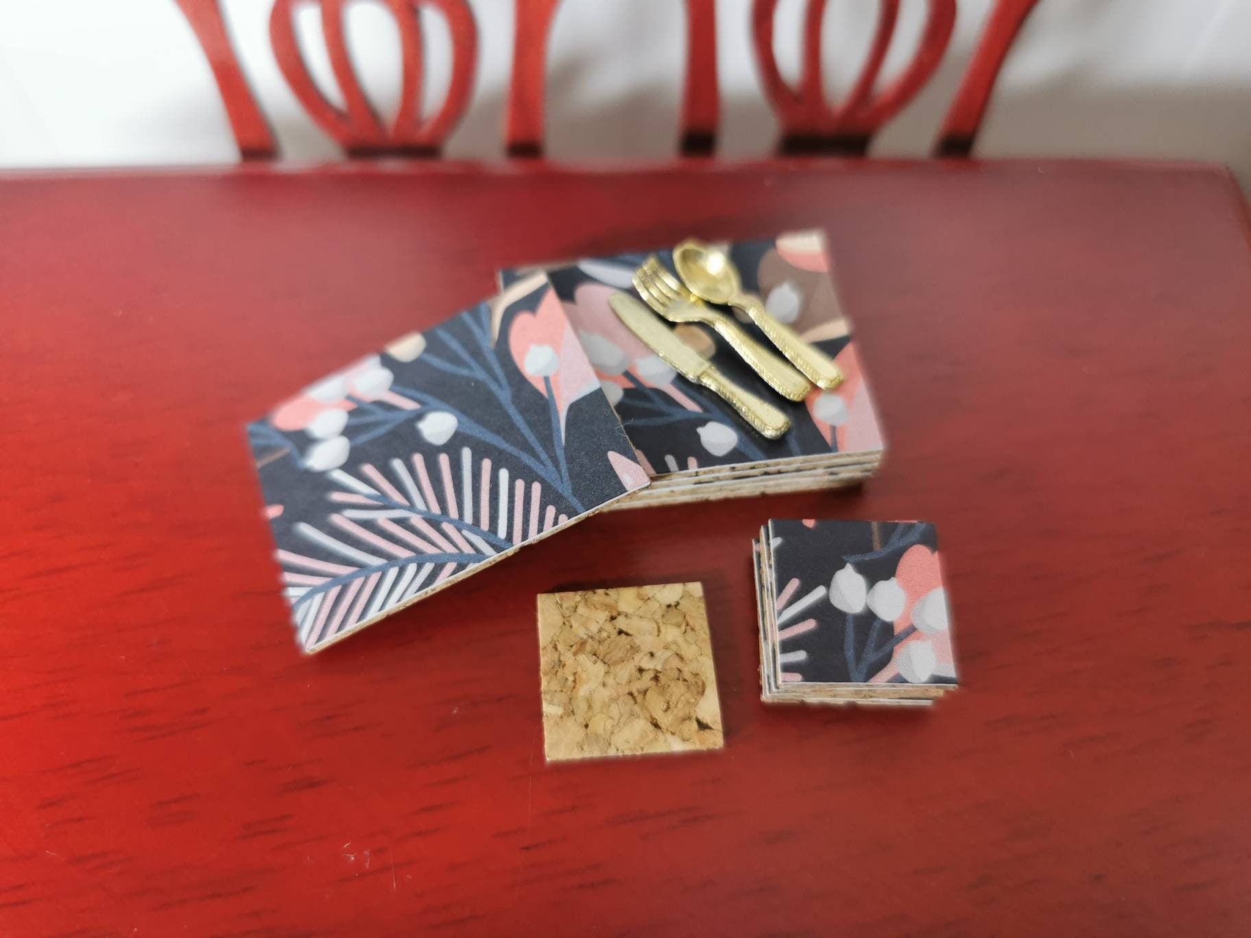 Navy Floral Placemat & Coasters | Set of 4 or 6 | 1:12th Scale | Handmade - ZJ Miniatures 